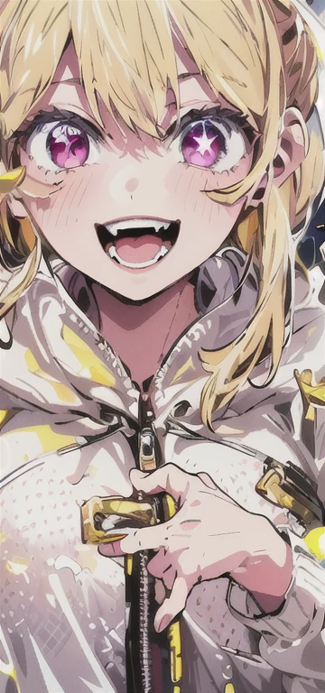 highest quality, masterpiece, original character , one girl, (Crazy Smile:1.2) , Blonde , Bans , Crazy Eyes , Put your hands on your face , The upper body is shown., ((Wearing a white hoodie)), (((I can see your chest))), Yellow blood splatters on the face, Yellow and black color scheme, Open your mouth, (roll your eyes:1.2), Shining Eyes, (Left Star), Pink Eyes, Pink Eyes, The number of fingers is 5,