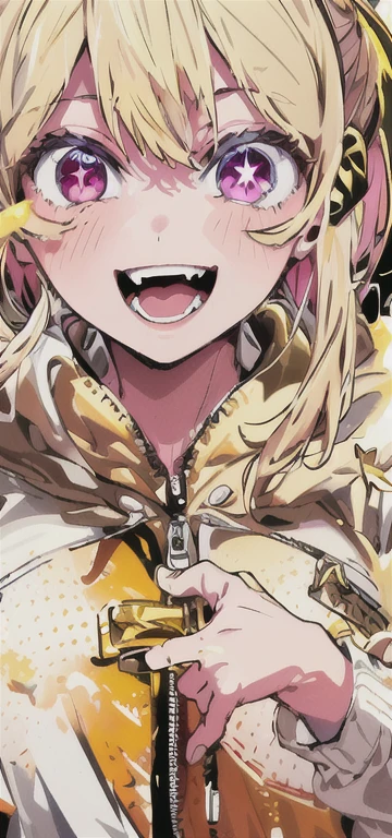 highest quality, masterpiece, original character , one girl, (Crazy Smile:1.2) , Blonde , Bans , Crazy Eyes , Put your hands on your face , The upper body is shown., ((Wearing a white hoodie)), (((I can see your chest))), Yellow blood splatters on the face, Yellow and black color scheme, Open your mouth, (roll your eyes:1.2), Shining Eyes, (Left Star), Pink Eyes, Pink Eyes, The number of fingers is 5,
