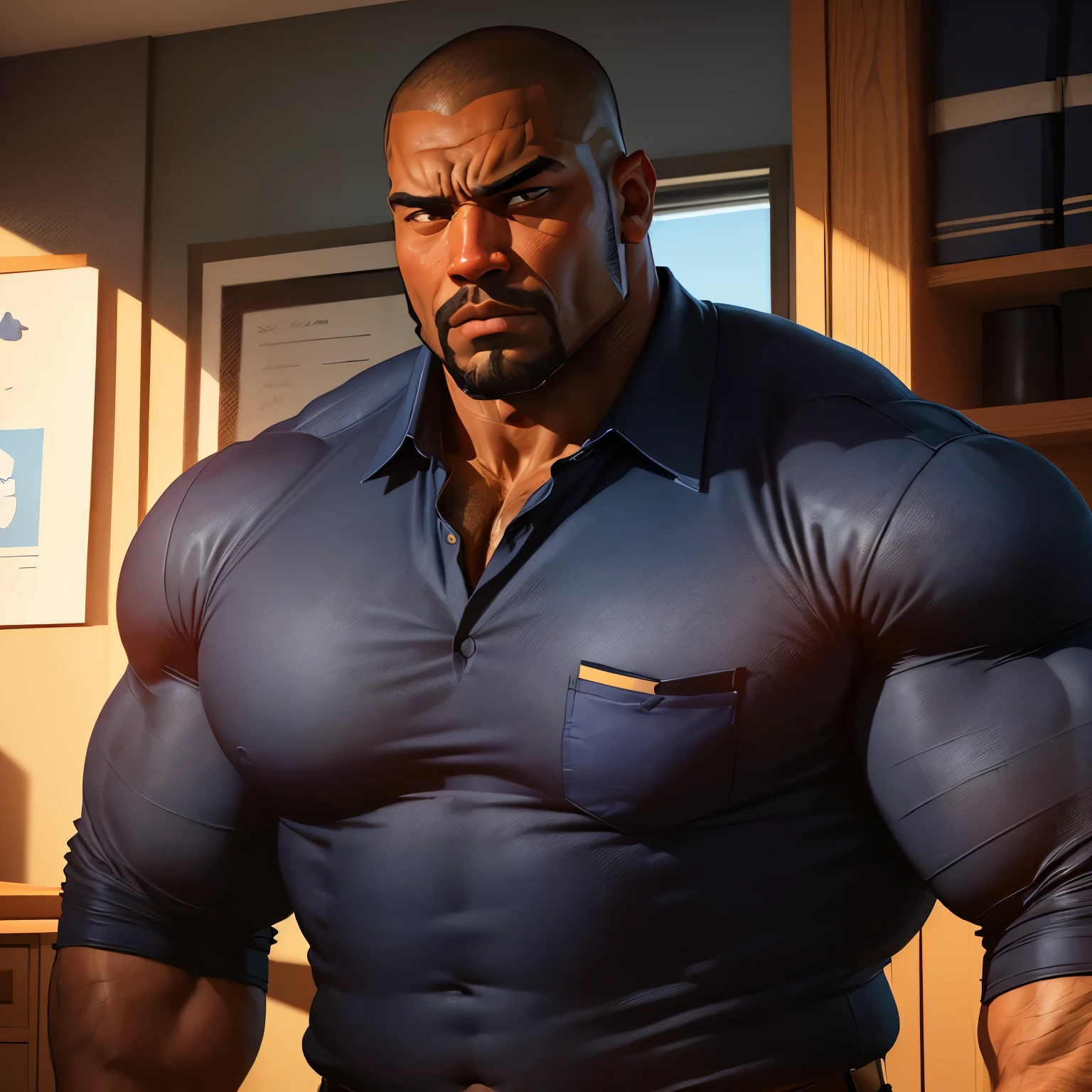 an exaggeratedly muscular and large bodyguard, beefy build, beard, dark-skinned african american male, buzzcut hair with square line, (stern expression: 1.2), (wearing dark blue collared shirt: 1.2), (shirt showing midriff:1.1), school logo on shirt, (bara pecs: 1.3), (arm and chest hair: 1.1), close-up portrait HD, (cowboy angle), (custodian closet)