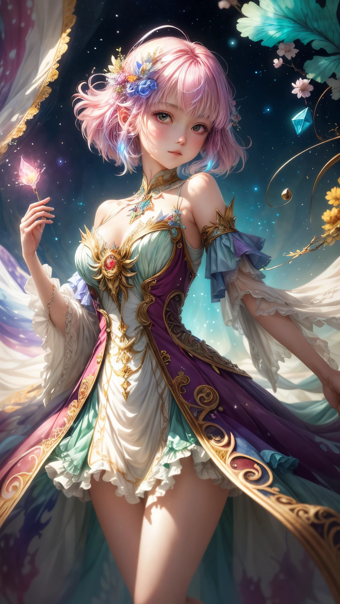 An enchanting anime girl gracefully emerges from the watercolor page, Her vibrant and intricate colors bring her work to life.. She wears amazing fantasy costumes,Elaborately decorated, It reflects the fascinating world she lives in.. Luminous body, Like shining crystals and mysterious threads, Surrounding her, Soft Cast, Otherworldly brilliance. Watercolor style、Gives your images fluidity and delicacy。, It's as if the colors are blending and blending naturally.. Camera shot: Medium Shot, Camera Lens: Soft Focus, Lighting: Illuminate, Watercolor brush strokes,Watching the audience,Realistic depiction