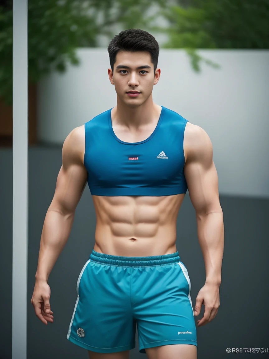 Firefighter in his 20s，Full chest muscles，Has short black hair， blue eyes，Sexy and charming expression，Wear green training clothes、Blue shorts, High resolution, masterpiece, Best quality, head:1.3,((Hasselblad photos)), Delicate skin, Be focused, (Movie Lighting), at night, Soft lighting, Dynamic angle, [:(Delicate face:1.2):0.2],(((exercise))), sports, Arm muscles are very big, Hands in crotch.