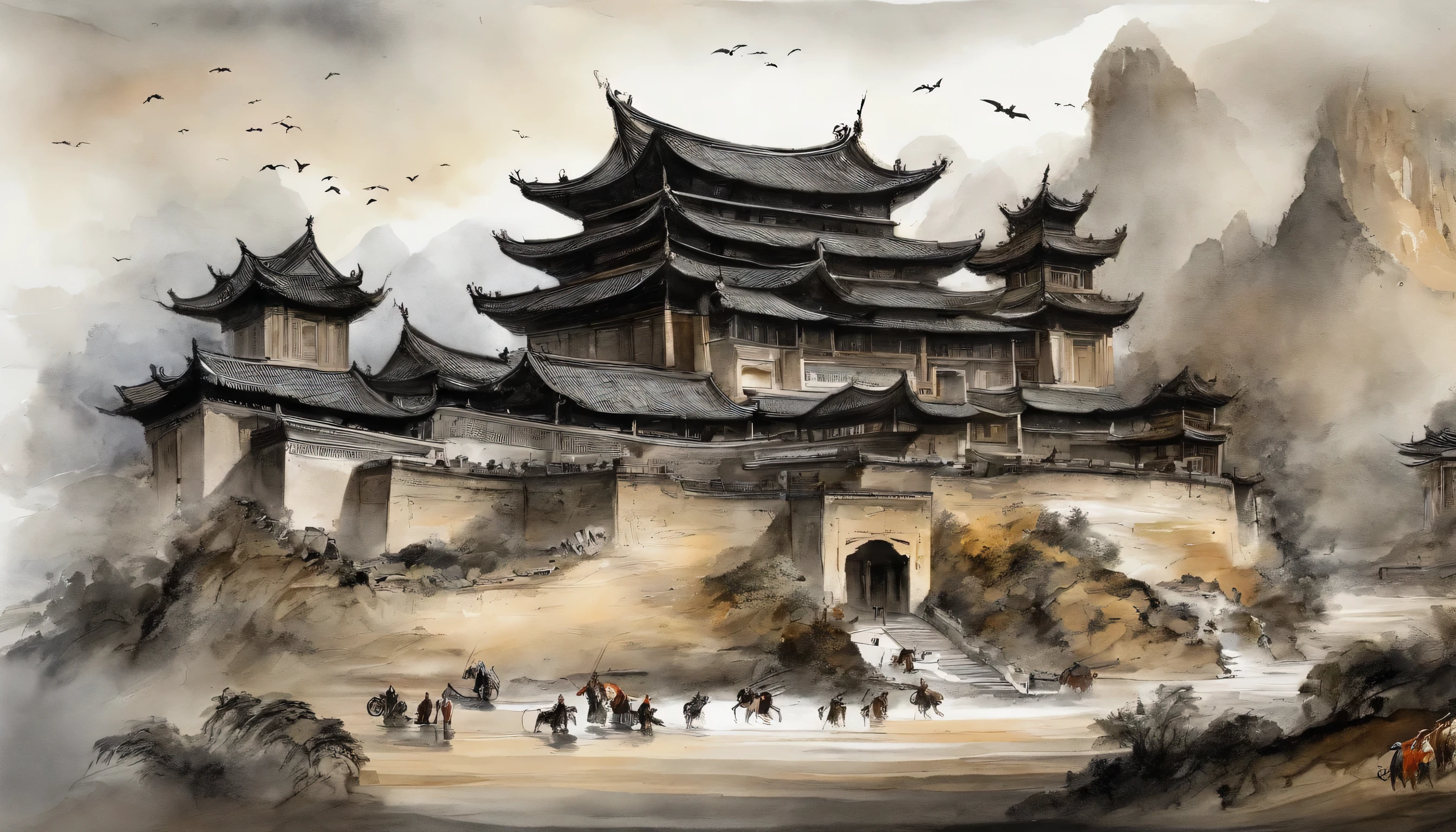 A hundred schools of thought contend,war,,carriage,Deep black and white,royal palace,war,,culture,big sky,square,Old Hall,Tang Dynasty