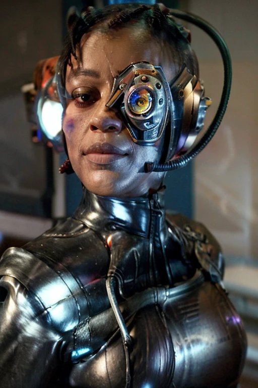 Black woman wearing blue sttldunf uniform,veins,borg,eyepatch,cable,luma,rosalina,detailed face,detailed eyes,detailed lips,metal texture,sci-fi,glowing lights
jamesdaly artstyle,