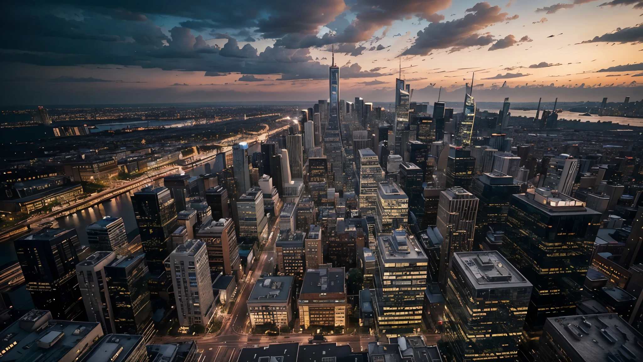 Create a photorealistic image of a bustling cityscape at twilight, reflecting a vibe of curiosity and discovery. The image should be wide, showing skyscrapers with glowing windows and busy streets below. The camera angle should be a bird's-eye view, capturing the city's vibrancy. The style should be crisp and detailed with dynamic lighting highlighting the city's architecture. Include subtle elements like billboards displaying the text 'What about it is?' in an elegant, modern font. The overall mood should convey a sense of wonder and the endless possibilities within the city, suitable for a YouTube channel header.
