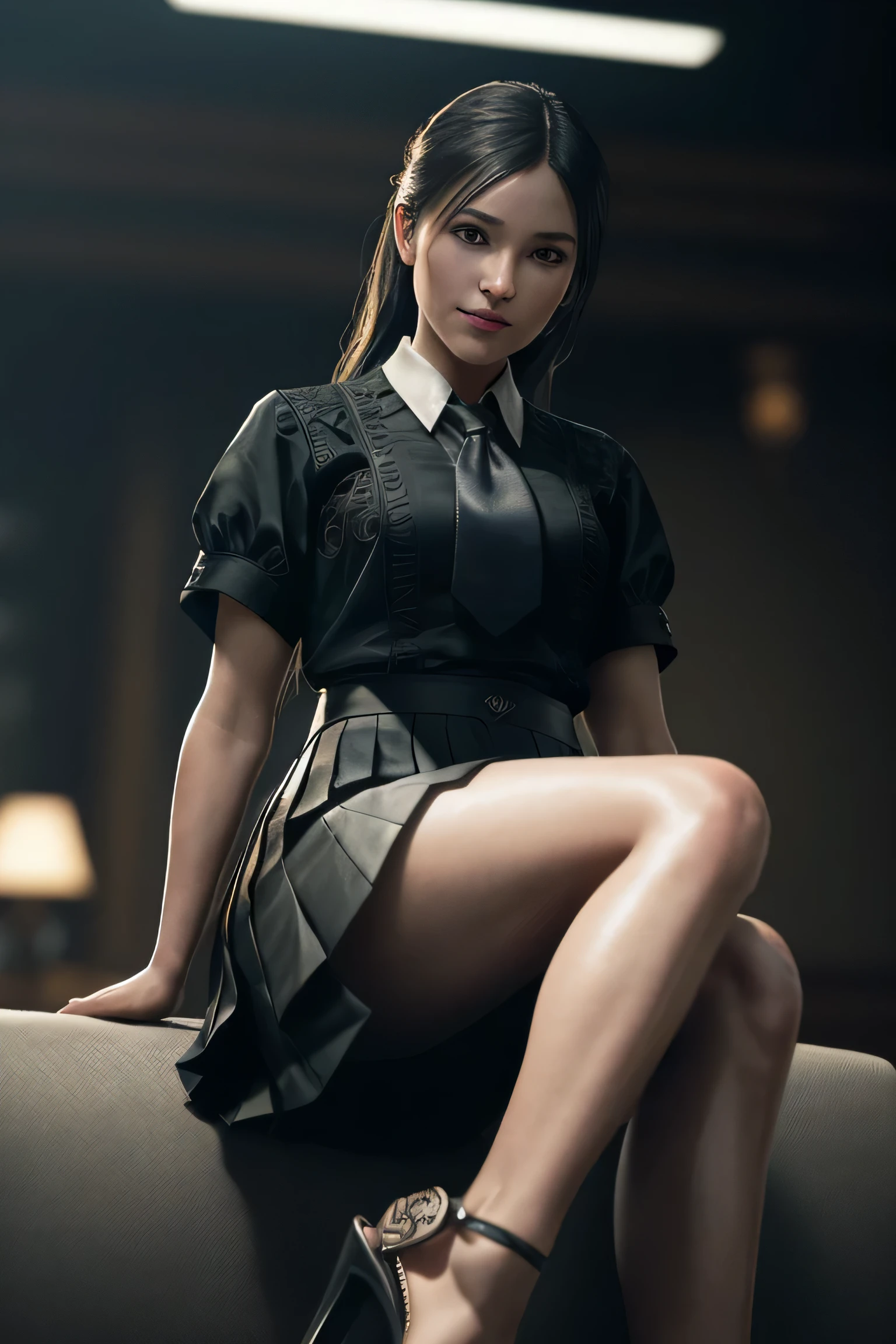 (masterpiece), (extremely intricate:1.3), (realistic), portrait of a girl, dark fantasy, (dynamic perspective), the most beautiful in the world, sitting on the couch, (kicking viewers), indoors, from below, shirt, tie, pleated skirt, high-heeled sandals, Kure, Hiroshima, professional photograph of a stunning woman detailed, sharp focus, dramatic, award winning, cinematic lighting, octane render unreal engine, volumetrics dtx, (film grain, blurry background, blurry foreground, bokeh, depth of field), Smirk