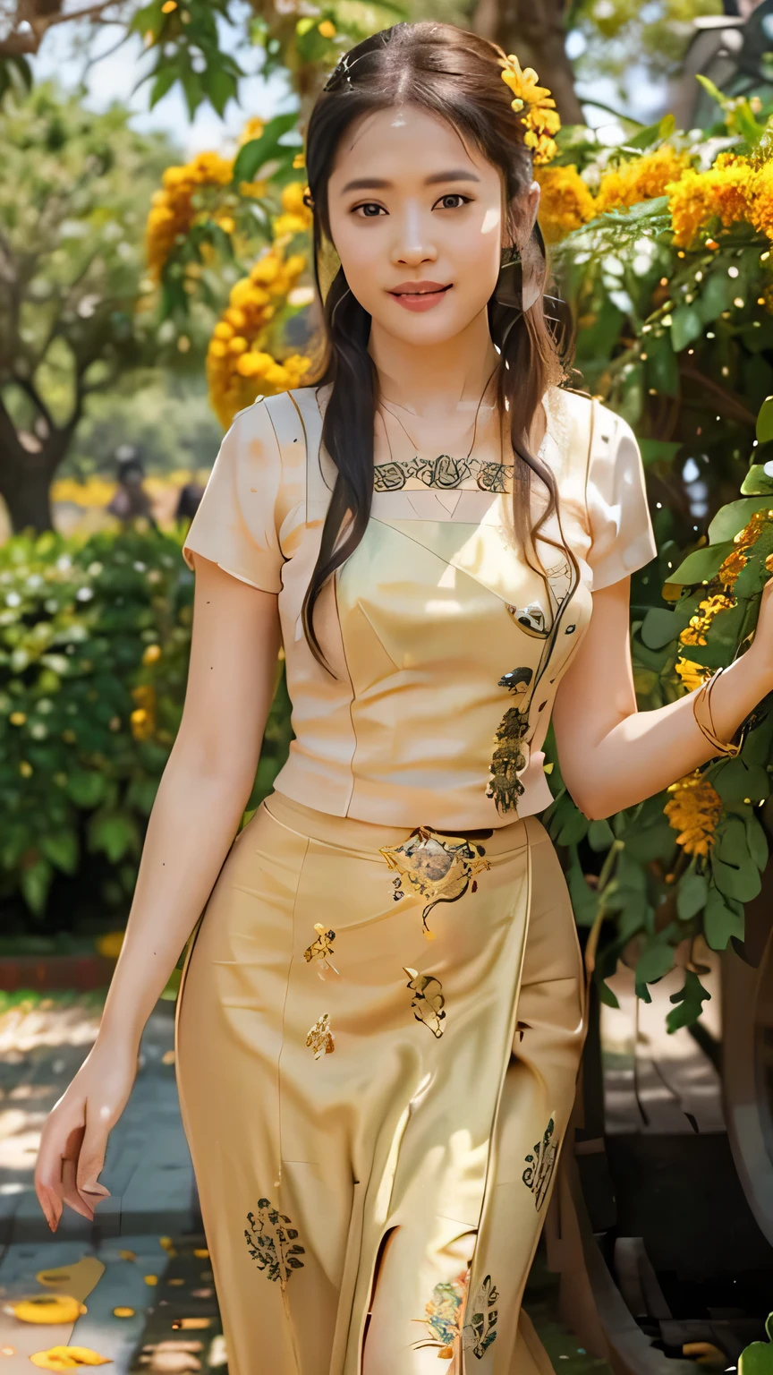 (best quality,4k,8k,highres,masterpiece:1.2),ultra-detailed,(realistic,photorealistic,photo-realistic:1.37),Burmese women,padauk flowers, holding pterocarpus macrocarpus, vibrant,ethereal,portraits,golden lighting,traditional dress,women intense gaze,natural beauty,exquisite traditional makeup,fine details,Burmese culture and tradition,subtle smiles,flowing movements,graceful poses,serene atmosphere,lush green garden,rich yellow ond gold color palette,ornate accessories,jewelry adorned with gems,delicate patterns,loose-flowing silk fabric,flower arrangements,padauk crowns and hair accessories,soft sunlight casting gentle shadows,dappled light filtering through leaves,natural elements blending harmoniously,celebration of femininity,timeless beauty portrayed in a modern context,meticulously handcrafted art piece,subtle texture and brush strokes,personal interpretation of Burmese beauty,attention to awe-inspiring artwork.1girl,detailed eyes, detailed lips, beautiful face, long eyelashes, red curly hair, flowing dress, serene smile, Abigail, standing under (((padauk flowers tree,pterocarpus macrocarpus tree,))) facing the sky, surrounded by a flock of butterflies, vibrant blue sky, fluffy clouds, seagulls flying gracefully, polka-dot pattern on the dress, sunny day with a gentle breeze, Abigail's cheeks with a natural blush, a bug crawling on a nearby tree branch, an idyllic outdoor scene.acthingyan soaked_wet_outfit, soaked wet outfit, outfit stick on skin, yellow acthingyan soaked wet top, short sleeves, BREAK, red acthingyan soaked wet long skirt, BREAK, wearing heels. 
 pterocarpus_macrocarpus flowers on head, holding a silver bowls, shiny metallic tinsel garland on neckac pterocarpus_macrocarpus_tree_blossom, pterocarpus macrocarpus flowers blossom, pterocarpus macrocarpus trees, spring weather, standing under pterocarpus macrocarpus trees.
ac burmese_water_festival, bunch of people, happy, women poring water eac