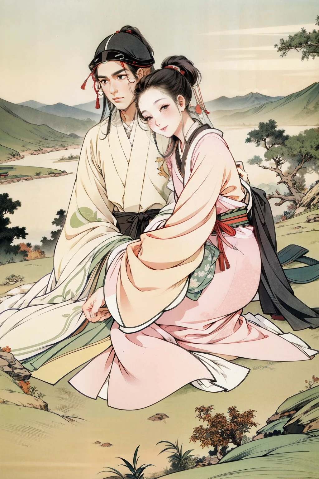 A Japanese woman hugging a Japanese man on the mountain