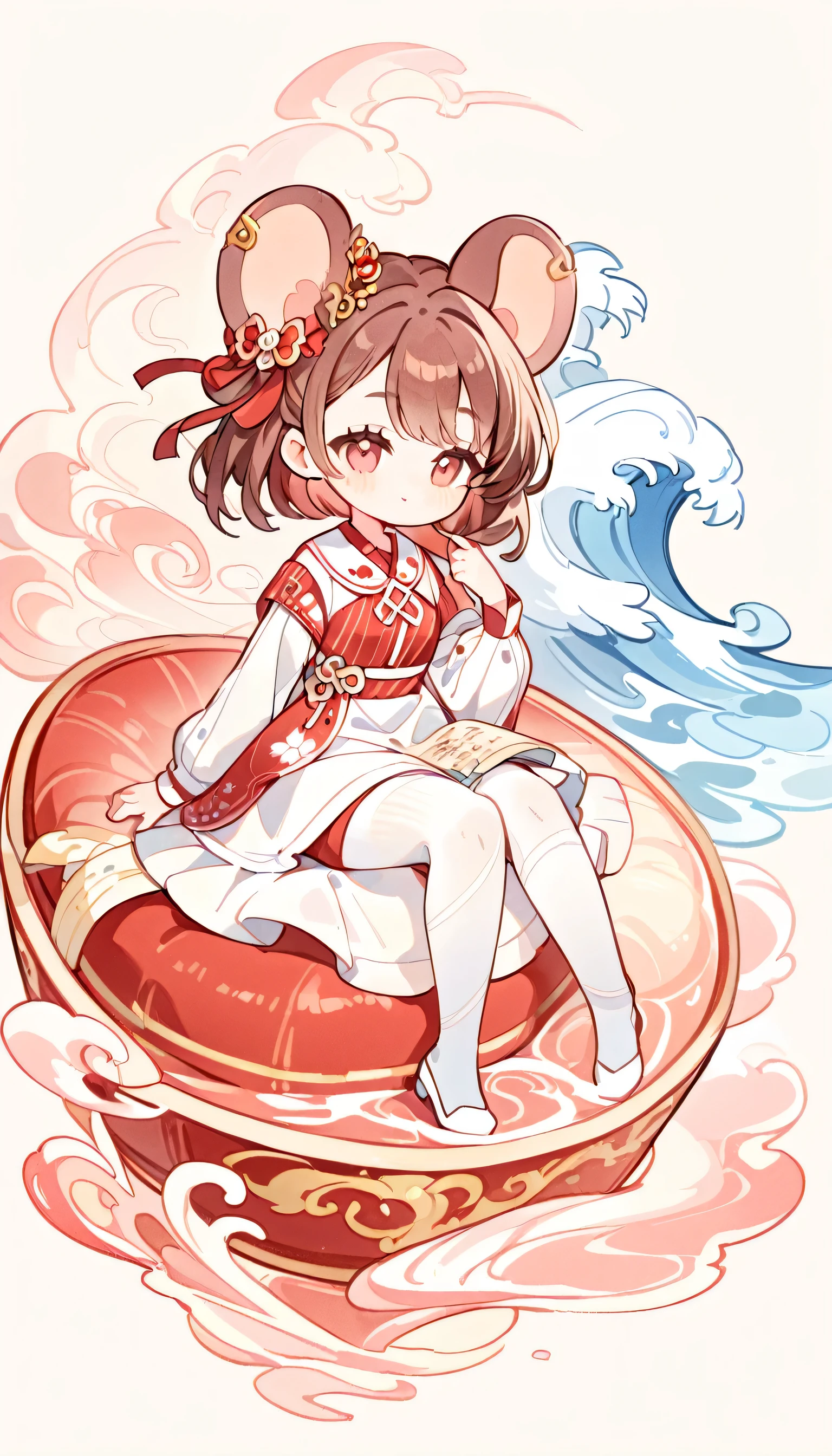 Sitting，looking into camera，wave，（clean background），Depth of detail，Q version three-headed body、Mouse ears，transparent watercolor、girl、Beautiful arrangement and theme、Writing limit depth、Flat avatar, 1girl, （short brown hair）， hair tip white,Fashionable design clothing(red and white)),background white、 Lovely girl, modest dress, Sakura pantyhose