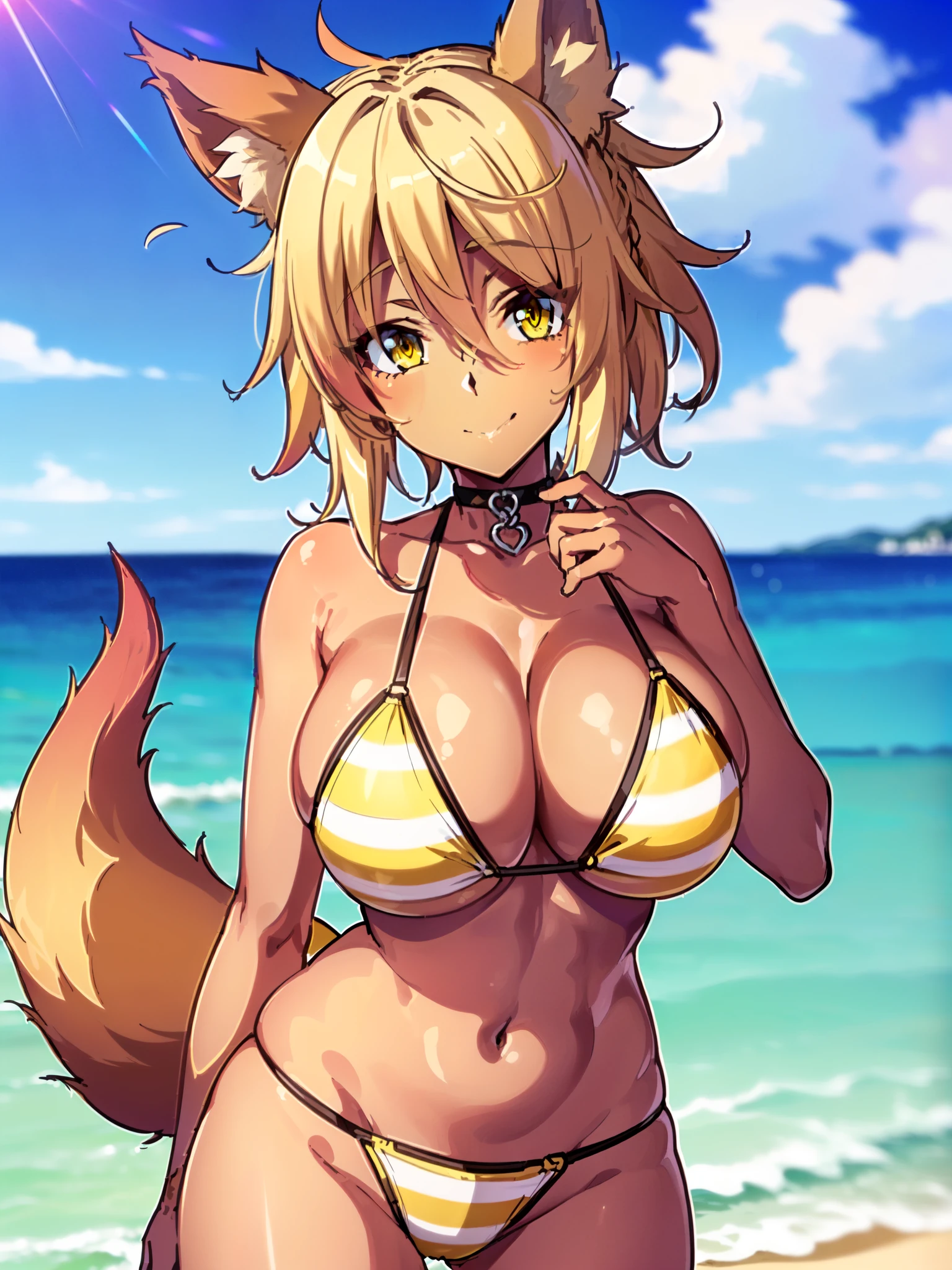 masterpiece, best quality, extremely detailed, 1girl, solo, (dark skin, brown skin:2), kunou, (huge breasts:1.3), ((((blonde hair), long hair, yellow eyes, fox ears))), red lips, (((choker, bikini, yellow-striped bikini, panties))), ((naughty smile), closed mouth), ((outdoor, beach))