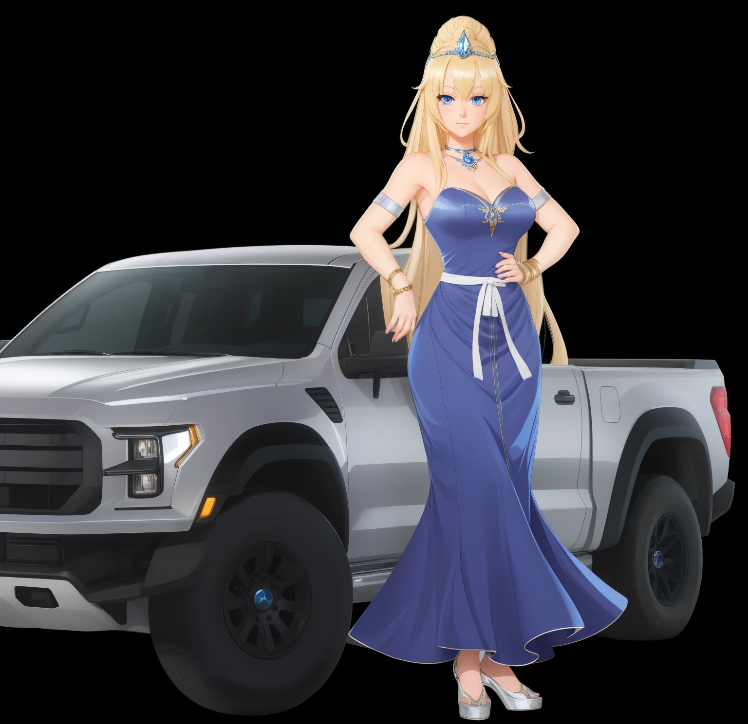 a woman in a blue dress standing next to a silver truck, cel - shaded art style, clean cel shaded, highly detailed full body, princess 'kida' kidagakash, blonde anime girl with long hair, anime princess, !!full body portrait!!, commission for high res, rei hino as a princess, cel shaded!!!