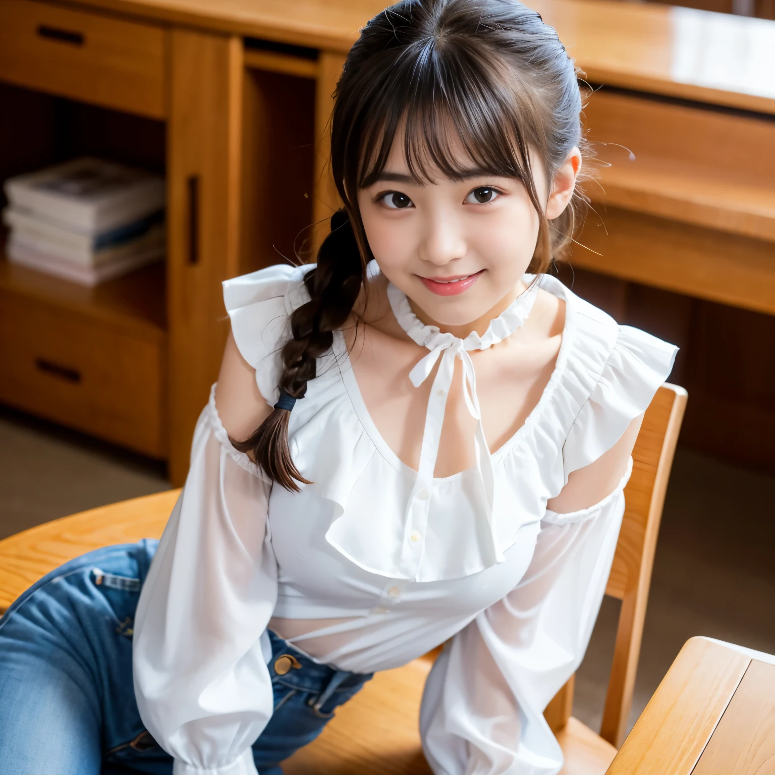 Best-quality, Masterpiece, Ultra-High-Resolution, (Photorealistic:1.4), Raw-Photo, 

from above, front view, in Japanese university's classroom, 

1girl, the most famous Japanese idol, ((leaning extremely forward)), 

(wearing (white blouse with big-frilled, extremely loose blouse with wide-neckline)), 

the most cute face, the most cute big-eyes, the most cute hairstyle, the most cute long-eyelashes, the most cute lips, the most beautiful skins, 

looking at viewer, innocent-smile