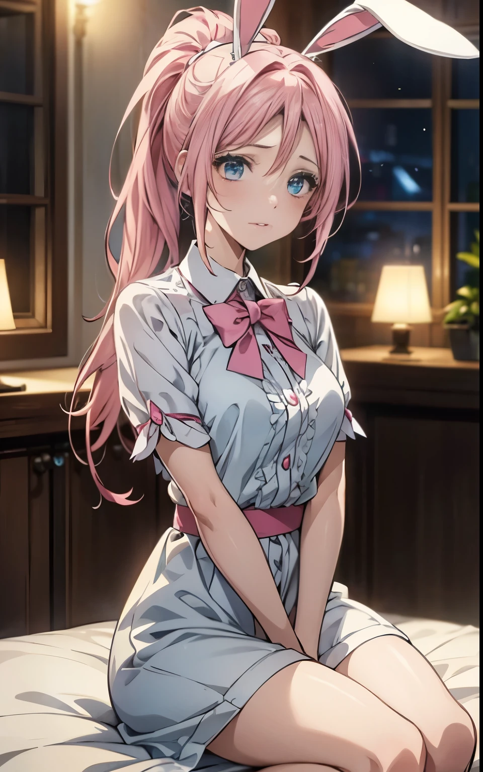 {{masterpiece}}，best quality，Highly detailed CG Unity 8k wallpaper，A woman，Movie Lighting，lens flare, Perfect style, Perfect body, Clear and beautiful eyes, Long eyelashes, Anime girl with pink hair and bunny ears sitting on the bed。, Pink ponytail hair and cyan eyes, Cute anime wife in beautiful clothes, Splash art anime , Magical Girl Portrait, Popular trends on art site pixiv, pixiv Highest Rating, Anime style 4K, Anime cute art style,