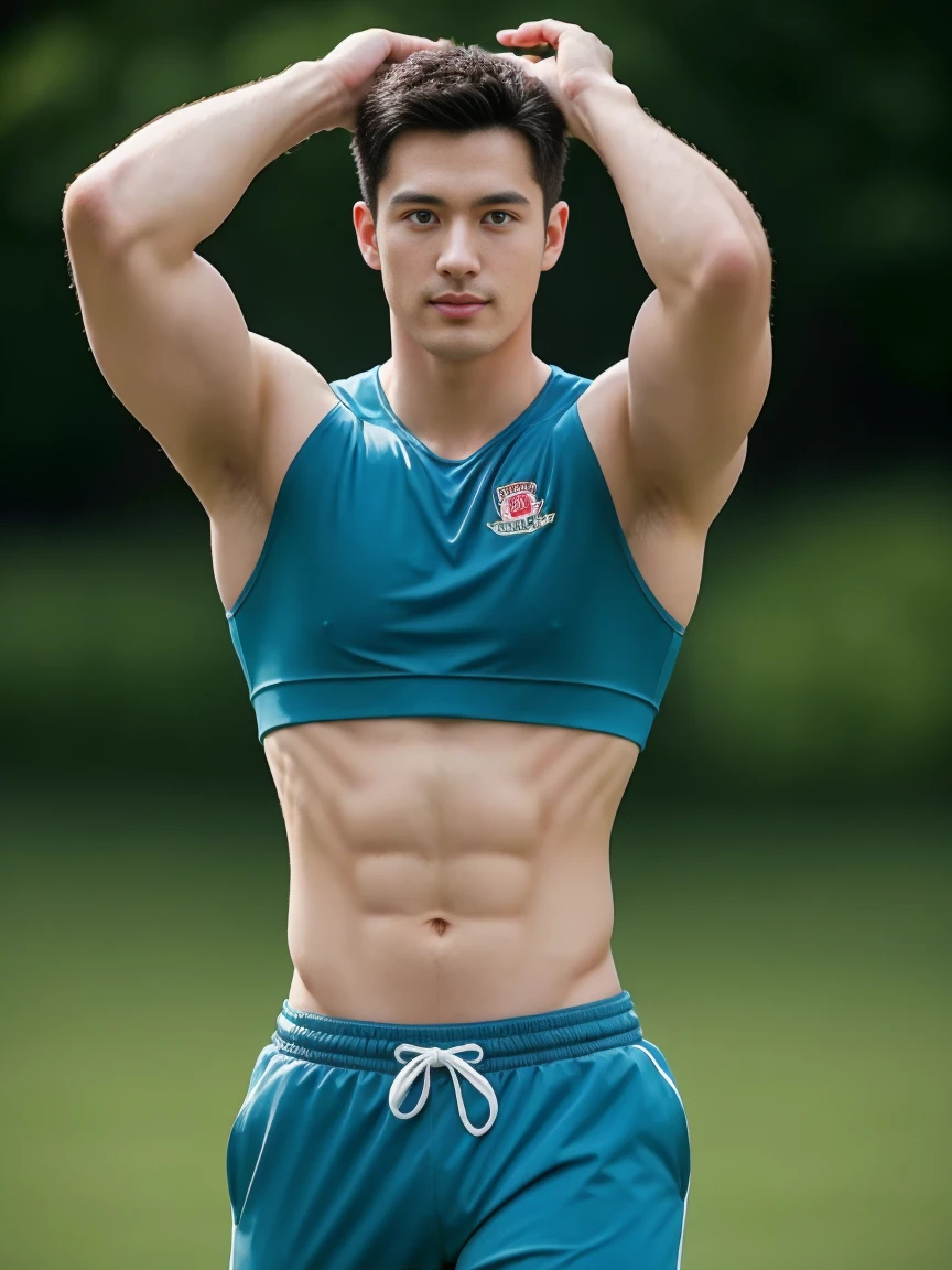 Firefighter in his 20s，Full chest muscles，Has short black hair， blue eyes，Sexy and charming expression，Wear green training clothes、Blue shorts, High resolution, masterpiece, Best quality, head:1.3,((Hasselblad photos)), Delicate skin, Be focused, (Movie Lighting), at night, Soft lighting, Dynamic angle, [:(Delicate face:1.2):0.2],(((exercise))), sports, Arm muscles are very big, Hands in crotch.