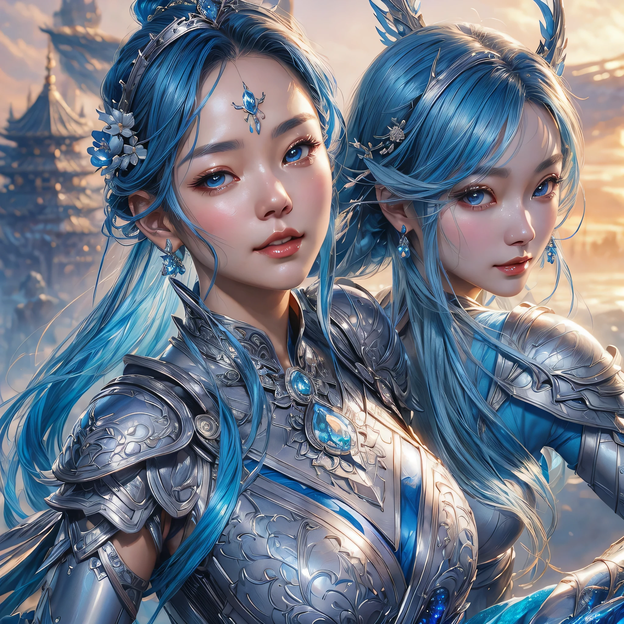 a close up of a woman in a silver and blue dress, chengwei pan on artstation, by Yang J, detailed fantasy art, stunning character art, fanart best artstation, epic exquisite character art, beautiful armor, extremely detailed artgerm, detailed digital anime art, artgerm on artstation pixiv, armor girl