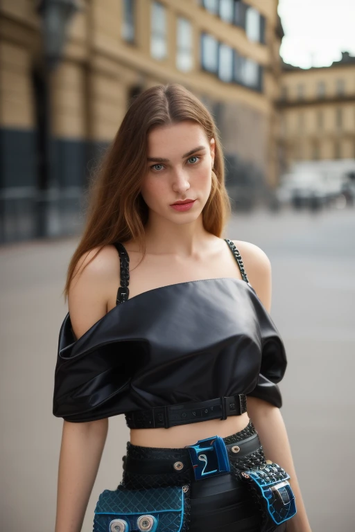 photo of 25 y. o cute Russian model girl in fachion clothes in (Balenciaga style:1.45) and (constructivist style:1.2), (shirt in punk style:1.1), intricate detail, harmony, (open shoulders:1.3), (high detail skin:1.3), designer, official prada editorial, illustrative!!, aztec street fashion, waist - shot, dior campaign, wearing a designer top, lv, 8k uhd, dslr, soft lighting, high quality, film grain, Fujifilm XT