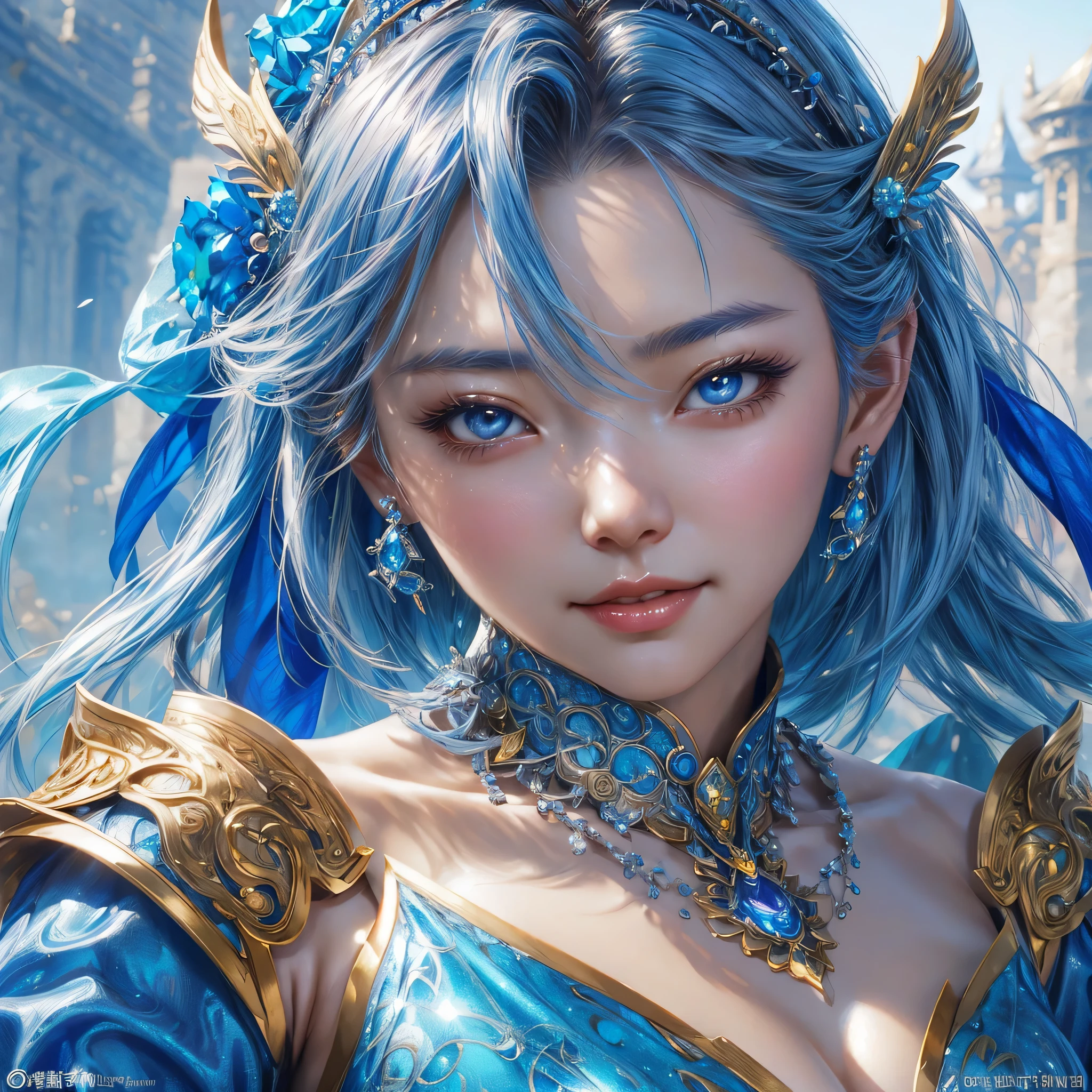 a close up of a woman in a silver and blue dress, chengwei pan on artstation, by Yang J, detailed fantasy art, stunning character art, fanart best artstation, epic exquisite character art, beautiful armor, extremely detailed artgerm, detailed digital anime art, artgerm on artstation pixiv, armor girl