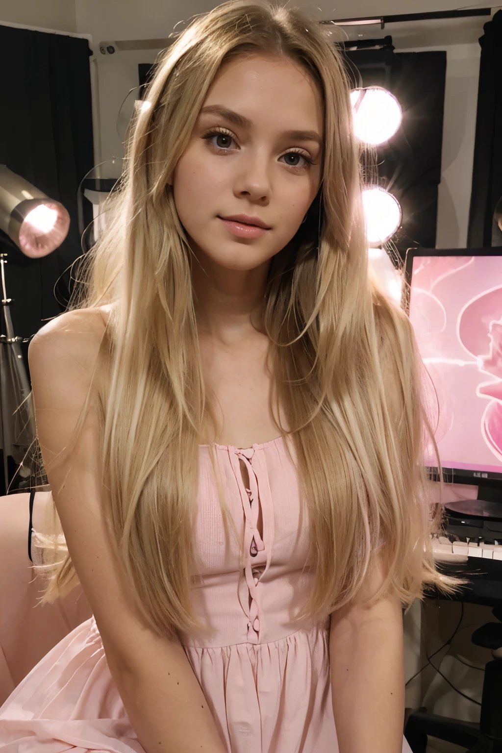 Blonde hair with pink highlights on the face is cute, hat blaue Augen, has small breasts, ist nackt in einem Nachtclub auf den Knien. The picture is a full body picture