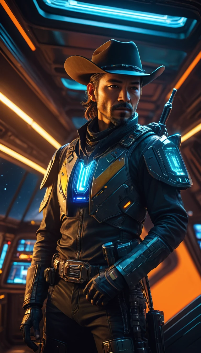 Bounty Hunter Cowboy on a Spaceship,Space Black,Futuristic Western,Dynamic Lighting,Starry Sky,Inside the spaceship,cybernetic enhancement,Unique character design,Signature hairstyles,cowboy clothes,broken landscape,Vibrant colors,High octane energy。(Best quality,4k,high-rise building,masterpiece:1.2),Ultra Detailed,lifelike:1.37,HDR,studio lighting,Clear focus,Vivid colors,Defocused,portrait,Science Fiction,cartoon,Jazz style palette,Ethereal lighting effects。