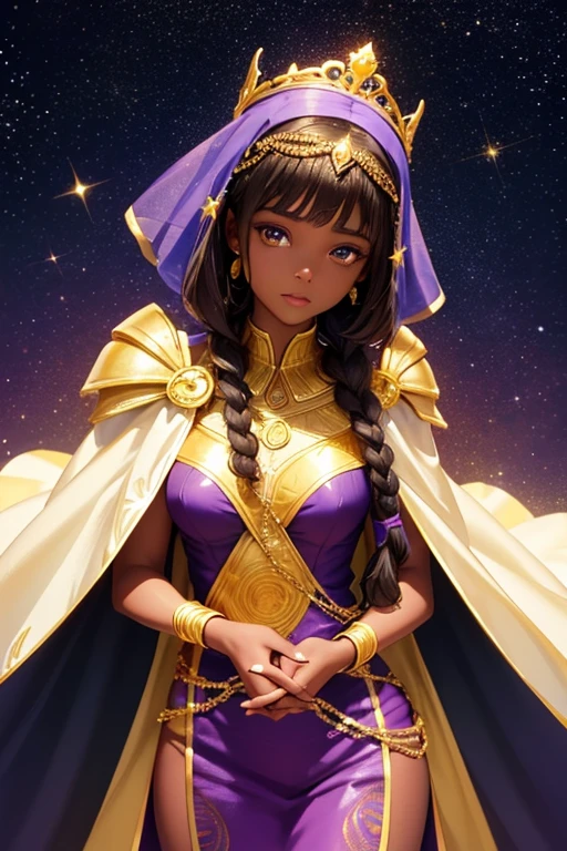African woman wear spainish purple dress like a princess. She have beautiful long braid hair and brown skin. Star-man wear black and glittery golden clothes with cape like a prince. He have glow white and yellow short hair. His sand-color skin. He hold her hand by his hand. He is flying.