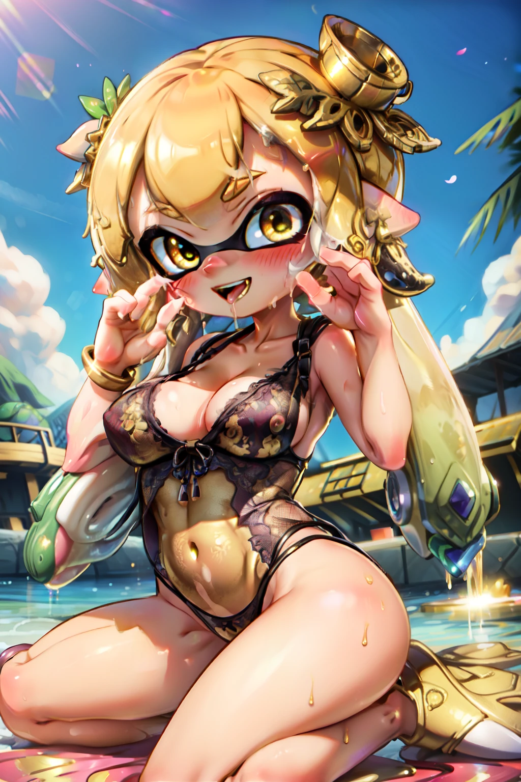 highest quality,3D, Best realistic animation,masterpiece,Ray Tracing, Global Illumination, gestures,splatoon girl, Golden tentacle hair、alone,Looking at the audience,Outdoor,Wariza,Golden saliva,Verbal invitation、blush、cheek、smile、sexy loSexy pose、 and pretty eyes、Golden Eyes、shining eyes、Golden Lingerie、glowing skin、A body wet with golden liquid、cheek、Big Breasts、Ckground thates your luck、golden overall、