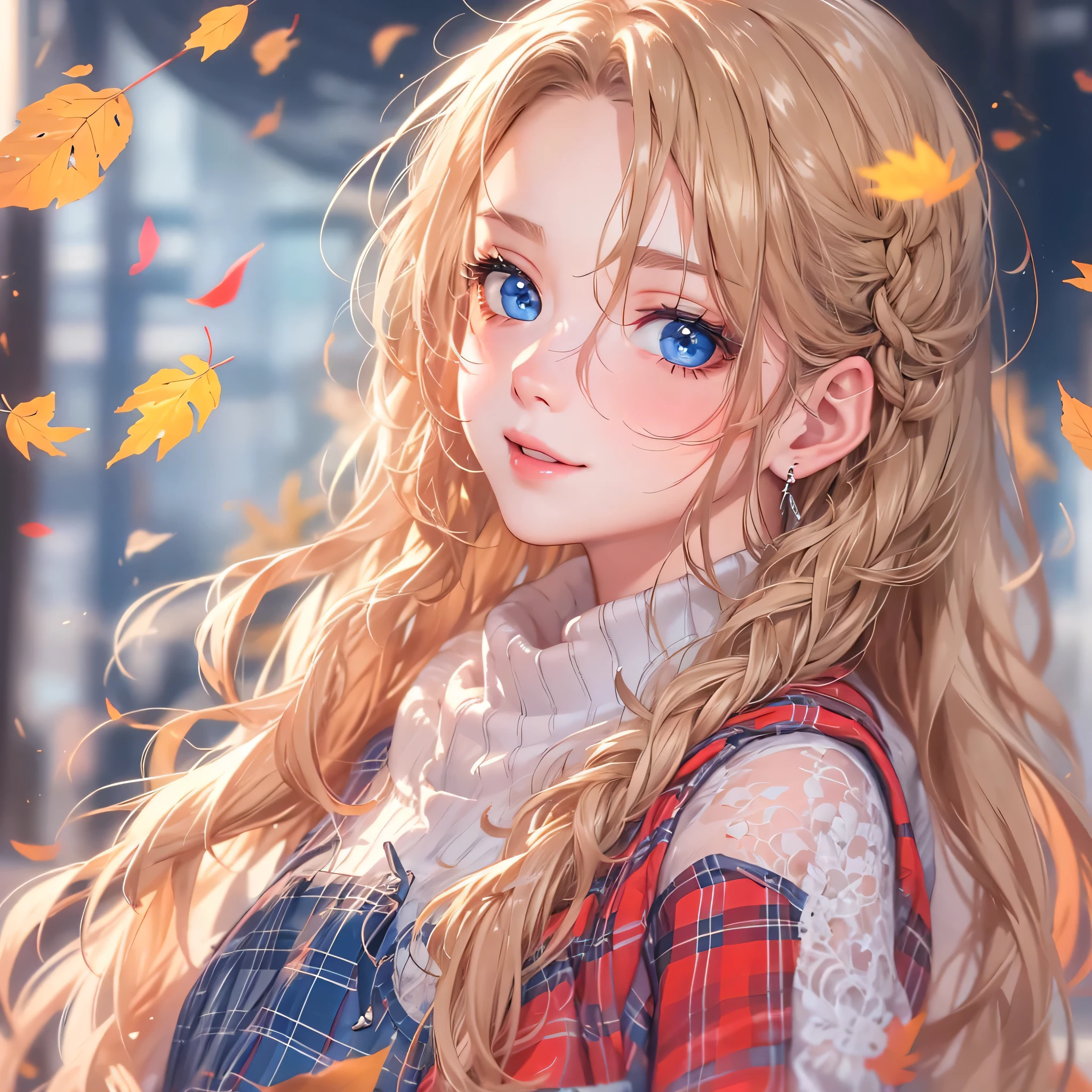 masterpiece、highest quality、High resolution、High-quality images、8k, 1 female、Skin Radiance、Texture of skin and clothing、Expression of fine eyes、Shiny bright golden hair,Girl with long braided hair, Manga inspired by Lee Jong-suk, Trending on deviantart, realism, detailed manga style, Manga art style, Perfect Line Drawing, beautiful line drawing, digital manga art girl, K-POPアイドル, Beautiful Blue Eyes, Fuller lips, Gorgeous face with attention to detail, (Cute Smile), charm, Innocent, Side view, (Perfectly detailed face), (Beautiful Hands) photorealistic images, Written boundary depth, Princess Hairstyles, beret , Light Beige Turtleneck Sleeveless Knit、denim mini skirt autumn leaves, Tartan Check Dress,autumn leaves,Beautiful autumn leaves,Romanticism,