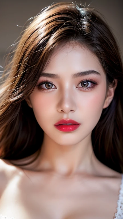 (8ก, Highest quality: 1.2), Extremely detailed, thorough resolution, (realistic, realistic photo: 1.37), Portrait, high definition RAW color photograph, professionally arrested, high definition and beautiful, high definition, 8ก Image wallpaper, Amazing details, Big file size, highly detailed beautiful girl, Extremely detailed face, Finely defined eyes, The skin has a fine texture., Every feature is meticulously displayed., The fingers were neatly outlined., The nose has a precise shape., expressive lips red lipstick , perfect anatomy, background is not blurred, one story, (20:1.2), Twenty generations, cute girl, realistic