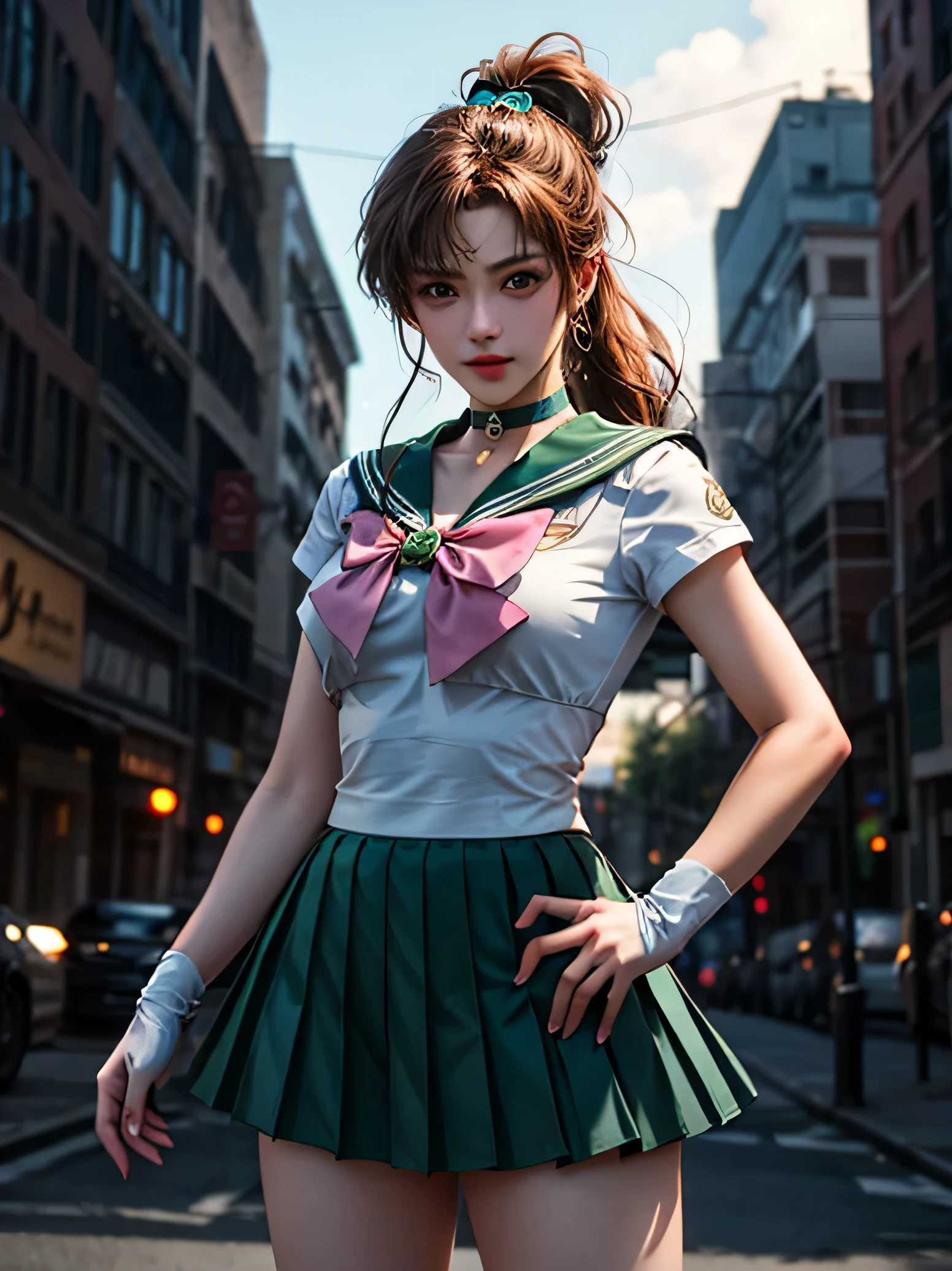1 grill,Are standing,pose for a photo,cowboy shot,Jupiter,green eyes,ponytail,tiara,jewelry,sailor warrior uniform,green sailor collar,choker,elbow bag,white gloves,Pink ribbon,brooch,white leotard,green skirt,pleated skirt,outdoor,night,city,
masterpiece,highest quality,High resolution,photorealistic,realistic,extremely detailed 8K wallpaper,most detailed,8K,HDR,super detailed,professional lights,cinematic lighting,Fashion Photography,environmental lighting,face lighting,