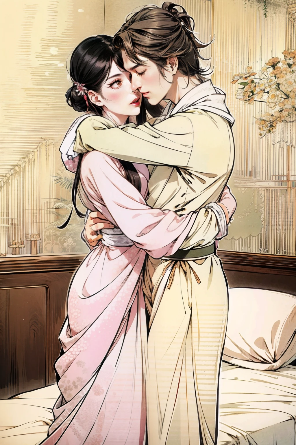 A man hugging a woman in bed