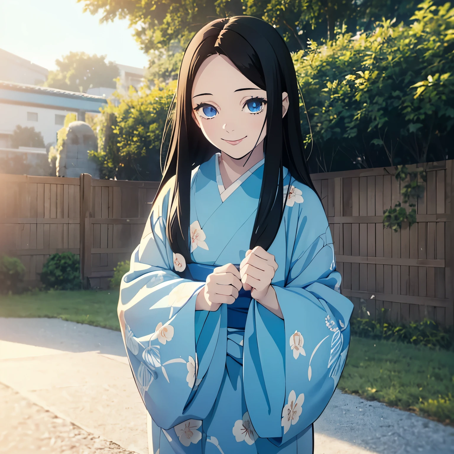 (1 girl with black long straight hair and blue eyes, beautiful girl,  girl, young girl, smile,  blue kimono, face focus, happy, half-down hairstyle, outdoor, morning time