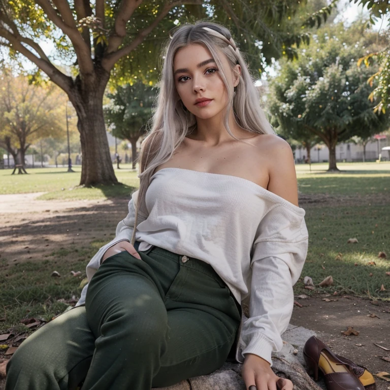 (19 year old girl)(estatura 1,64)(tono de piel medio)(shoulder length white hair with dark roots)(eyes olive green color)(pecas en un 0,5)(labios medio gruesos y sonrosados)(a visible mole on the left cheekbone below the eye)(long eyelashes)(buena figura corporal, delgada)(con una sudadera de color negro)(pantalones holgados, corte alto, piernas largas)(tenis convers en color negro)(reading in a park leaning against a tree in autumn)(usando audifonos de diadema)(parque de juegos)(hora de 4:30pm)