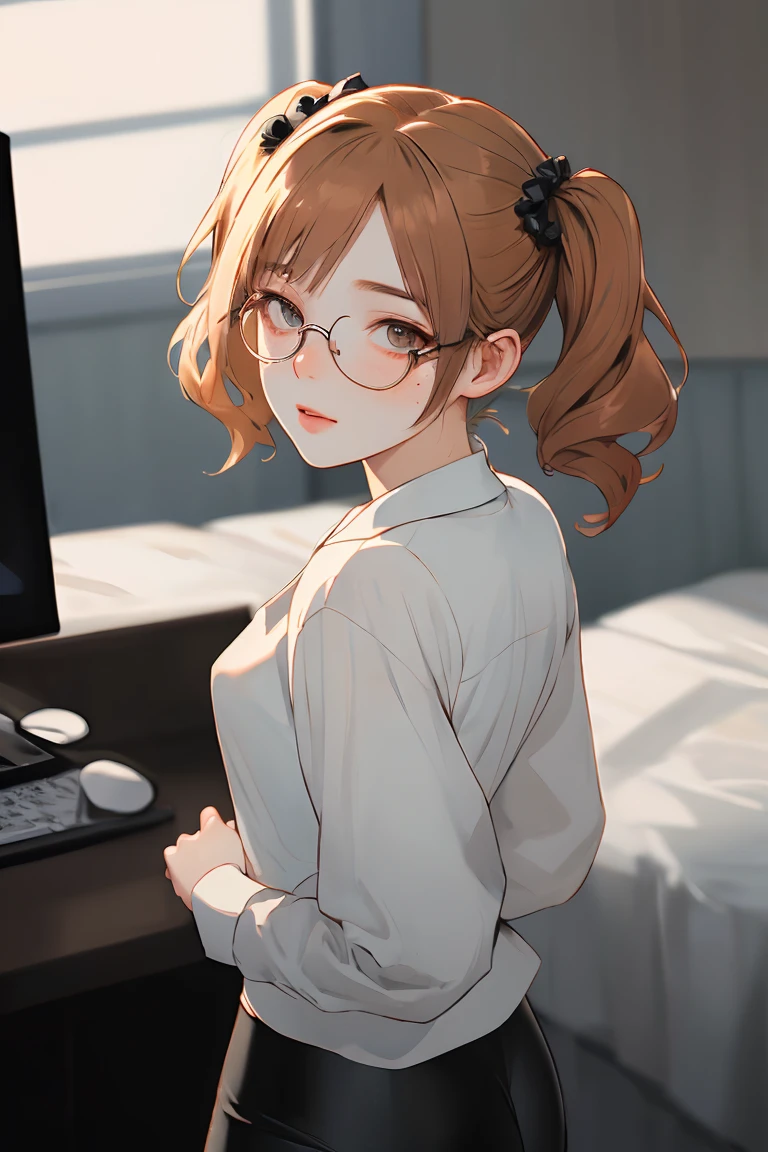  jack-o' challenge, from behind,, masterpiece, best quality, absurdres, highres, 4k, ray tracing, intricate details, highly detailed, (1girl:perfect face, cute, small breasts, long ginger hair, petite, twintails, glasses, freckles，shiny leggings)