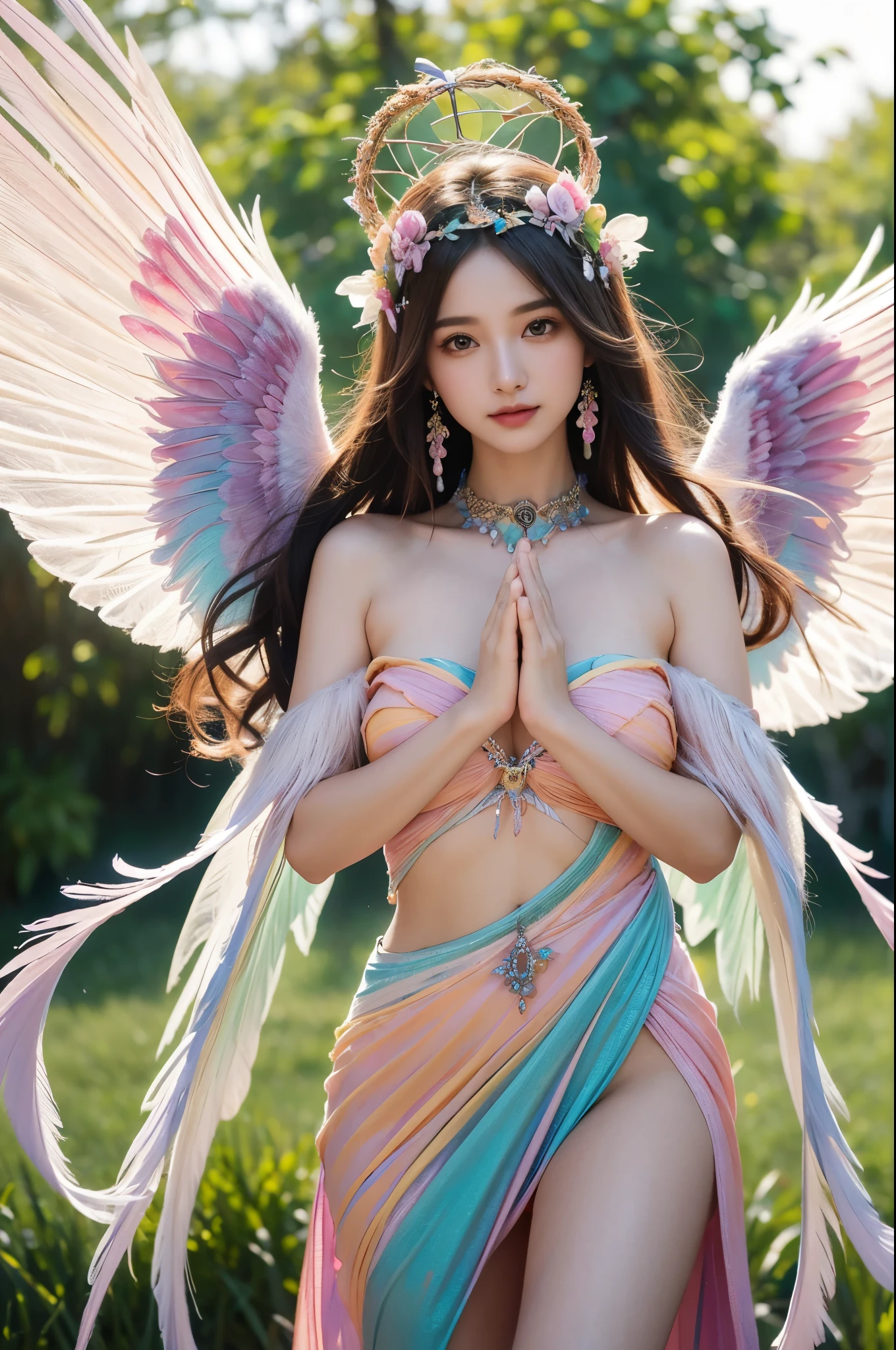 1girl, 23 years old, standing regal with open hands, symmetrical and fractal, multi-color pastel long hair, colorful (1.2), lies in a bird's nest and hatches (1.2), perfect face, sexy linagerie, oil smooth skin,  kinky and sexy smile, looking at the viewer, fairy wings, Big fairy wings, multi color pastel feather wings, fairy vibe , background of mystic realm and magic, the particles of magic light with multi color , wind forming particles in seamless fractal pattern, warm light, epic scene , HDR+, extreme detailed ,Nikon D850, masterpiece, devianart, photo-real painting