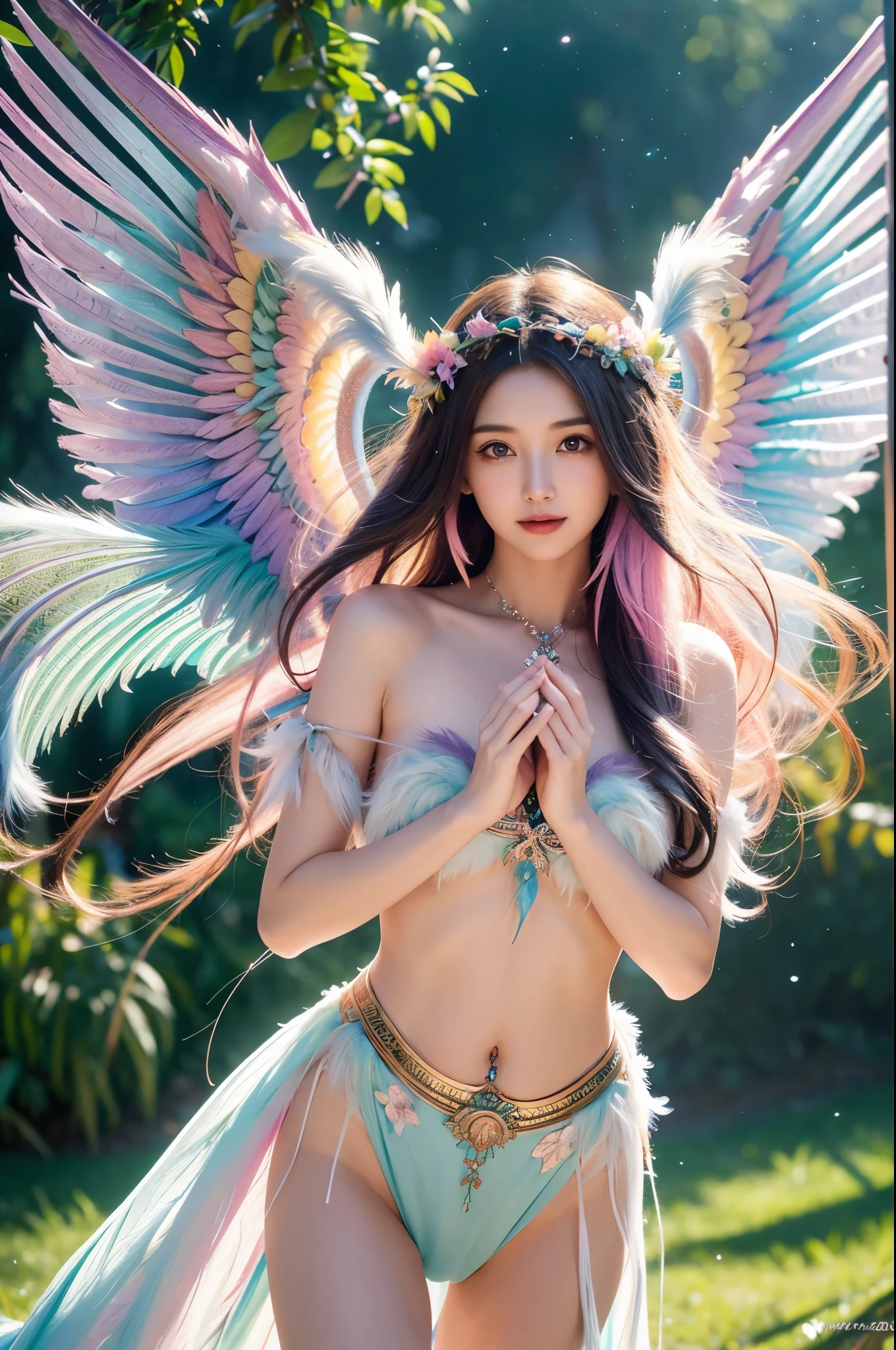 1girl, 23 years old, standing regal with open hands, symmetrical and fractal, multi-color pastel long hair, colorful (1.2), lies in a bird's nest and hatches (1.2), perfect face, sexy linagerie, oil smooth skin,  kinky and sexy smile, looking at the viewer, fairy wings, Big fairy wings, multi color pastel feather wings, fairy vibe , background of mystic realm and magic, the particles of magic light with multi color , wind forming particles in seamless fractal pattern, warm light, epic scene , HDR+, extreme detailed ,Nikon D850, masterpiece, devianart, photo-real painting