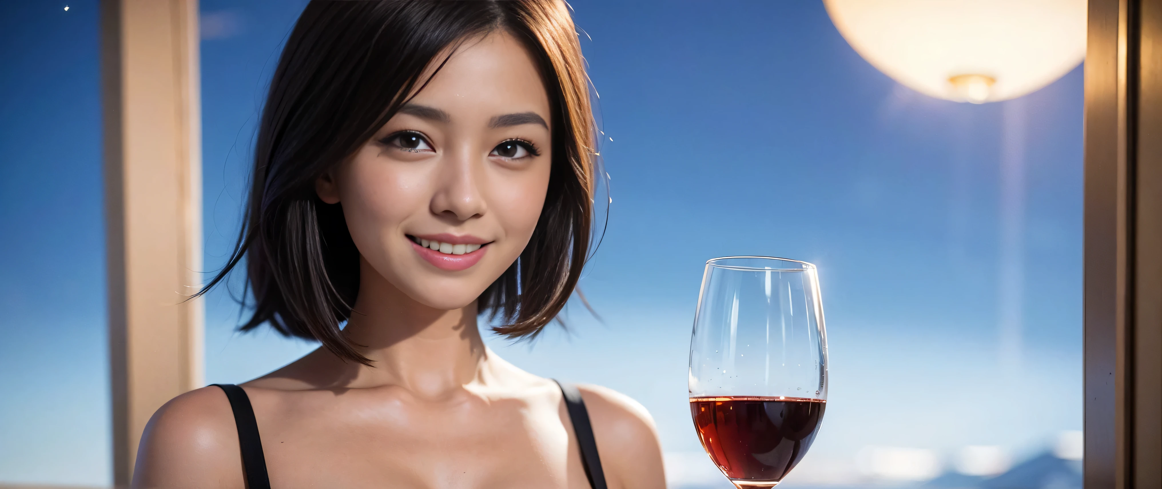 ((highest quality、8K、masterpiece:1.3))、Sharp focus:1.2、Beautiful woman perfect body:1.4、Slim body、((Bob Hale、Straight hair:1.2))、(to be born, highest quality, masterpiece:1.5), (Realistic, Intricate details:1.2), Ultra-high resolution, Confused,bright image、2 Wine Beauties, Beautiful Face, blue eyes, Fine grain, Symmetrical eyes, The light shines on your face, Blushing your nose, short hair,Spectacular view of the sunset sky and clouds、Amazing mountain views、A bright smile、A lovely woman with a smile、The woman's face is bright、fox face、lady、Wine Party、hors d'oeuvre、Italian food、2 beauties、Brown Hair、Shortcuts、Long sleeve shirt、Winter Fashion、dress、Japanese、Englishman、Dutch、German、Belgian、Italian、French,Wine bottle、hors d'oeuvre、Champagne、sparkling wine、Pretty Woman 1, (slim face), (The body is slim), (brown hair), (Shortcuts), cheeks turn a little red, (37 years old), 39 years old, Attractive beauty、, Outside the window, a beautiful and detailed night view spreads out.........., restaurant, sitting in a wine glass, At night, in a prominent place (From the waist up) nova frog style, actress, model, Upper Body, White wine, slim, wine glass, very beautiful night view, wine glass placed in the middle, Smile, (smile: 1.15), Beautiful fine grain, Depth f/2,saturation, High Contrast, Strong light and shadow,Moist Body:1.5、3D texture、Delicate eyes、brown hair、The hair is very shiny、