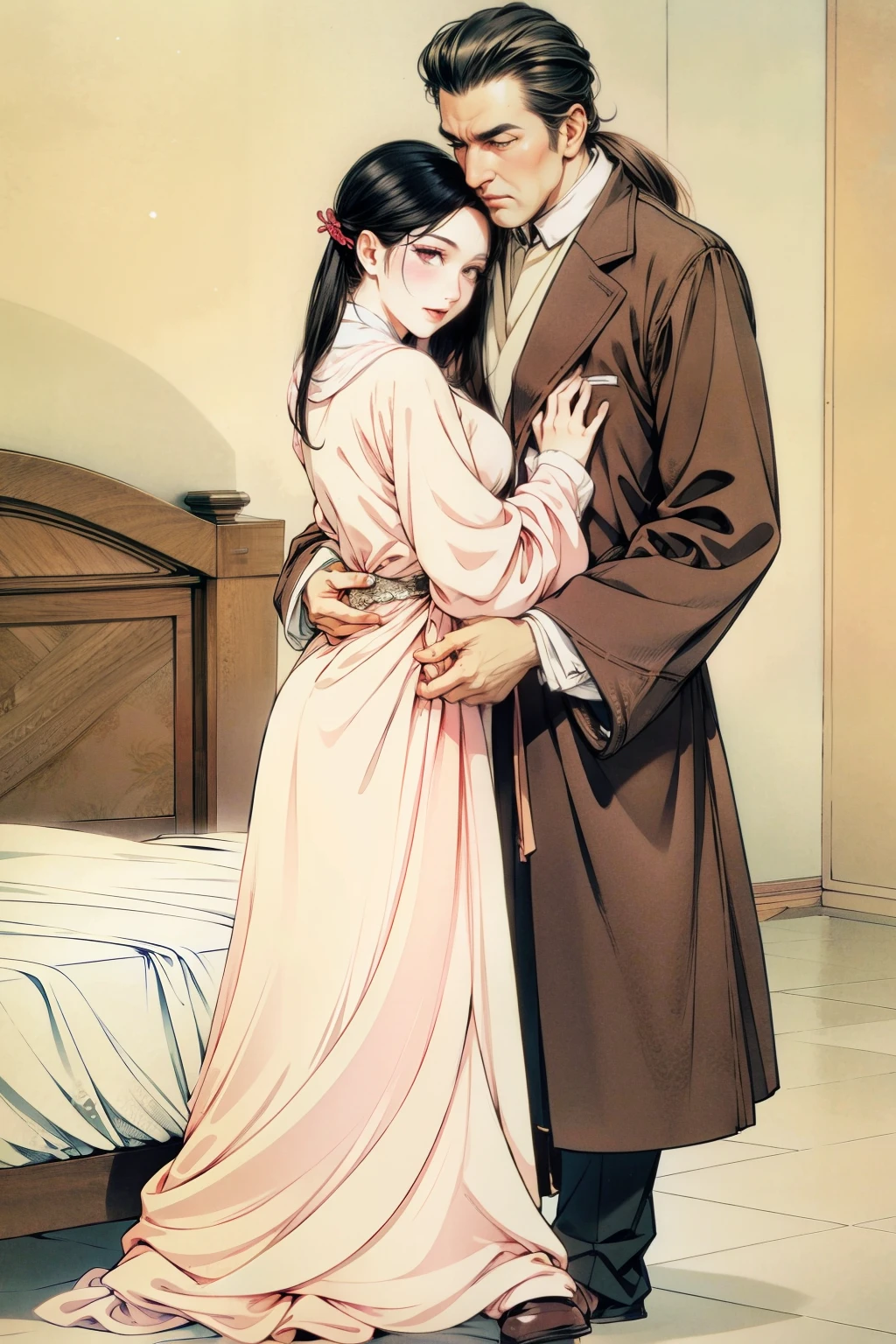 A man hugs a sexy woman in bed