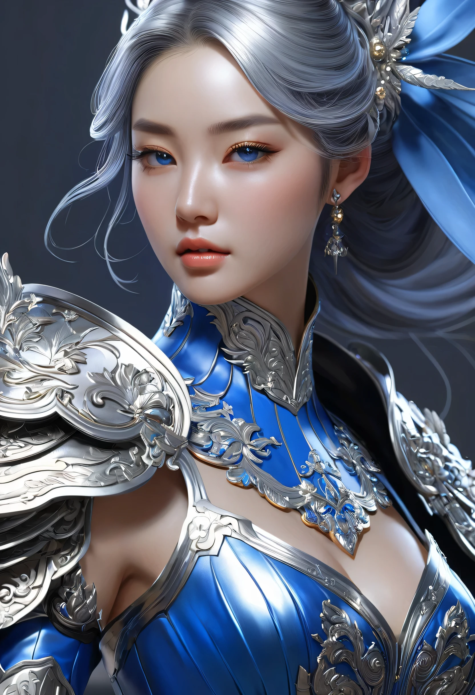 a close up of a woman in a silver and blue dress, chengwei pan on artstation, by Yang J, detailed fantasy art, stunning character art, fanart best artstation, epic exquisite character art, beautiful armor, extremely detailed artgerm, detailed digital anime art, artgerm on artstation pixiv, armor girl
