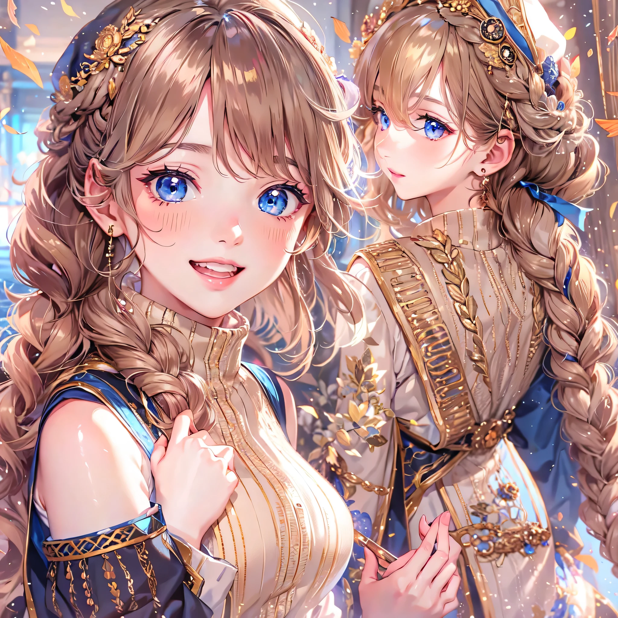masterpiece、highest quality、High resolution、High-quality images、8k, 1 female、Skin Radiance、Texture of skin and clothing、Expression of fine eyes、shiny light light brown hair,Girl with long braided hair, Manga inspired by Lee Jong-suk, Trending on deviantart, realism, detailed manga style, Manga art style, Perfect Line Drawing, beautiful line drawing, digital manga art girl, K-POPアイドル, Beautiful Blue Eyes, Fuller lips, Gorgeous face with attention to detail, (Cute Smile), charm, Innocent, Side view, (Perfectly detailed face), (Beautiful Hands) photorealistic images, Written boundary depth, Princess Hairstyles, beret , Light Beige Turtleneck Sleeveless Knit、denim mini skirt autumn leaves, Tartan Check Dress,autumn leaves,Beautiful autumn leaves,Romanticism,