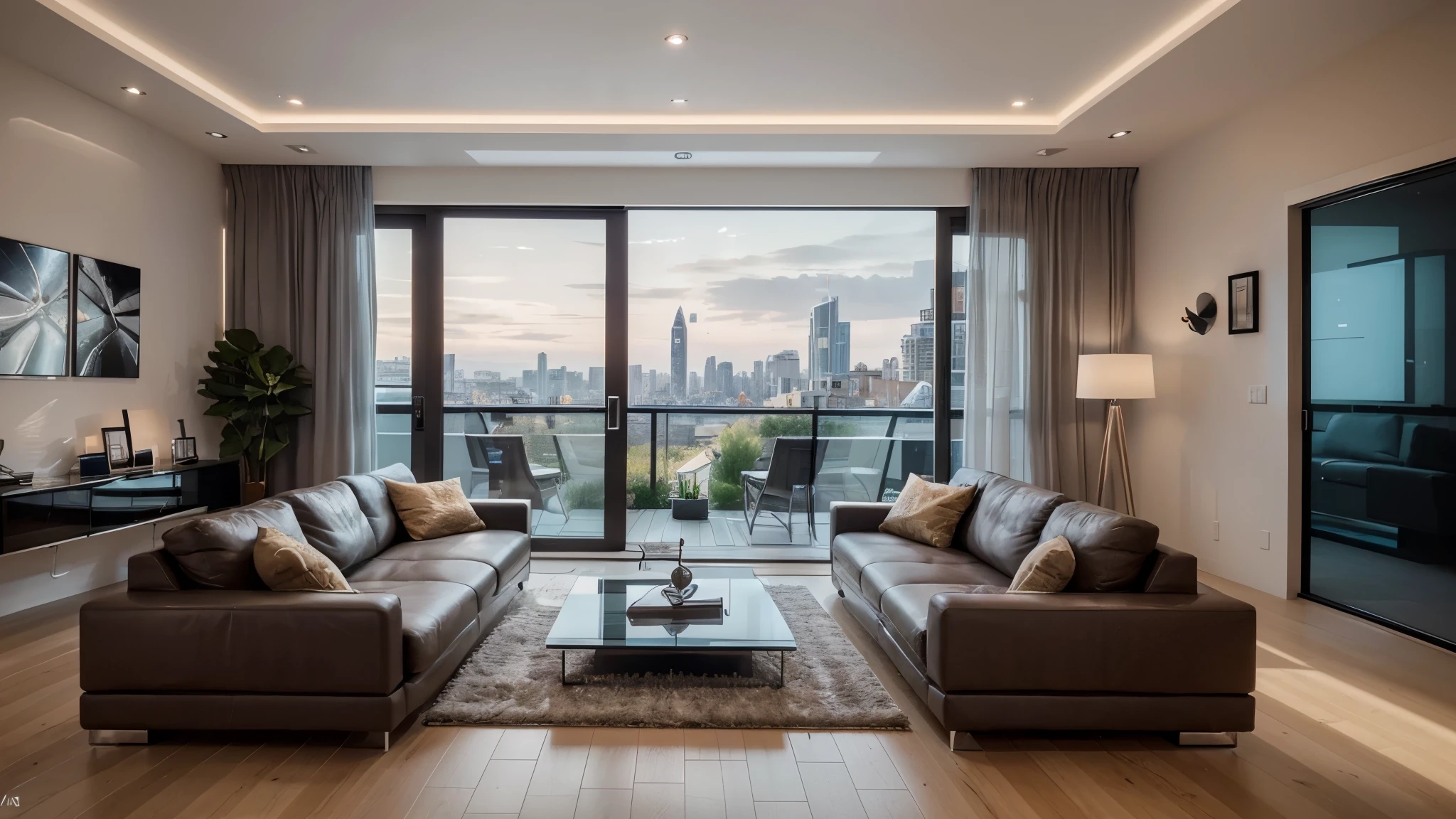 Create a photorealistic image of a modern home interior showcasing advanced IoT and smart home technology. The scene should depict a sleek living room at dusk, with visible smart devices like a smart thermostat, automated lighting, and voice-controlled systems. The windows should display a futuristic cityscape outside, hinting at the broader context of smart living. The image should be wide, capturing the essence of cutting-edge home technology in a welcoming atmosphere. Include the text 'Home Brights' in a modern, clear font, positioned elegantly within the space, embodying the channel's focus on smart home innovations.