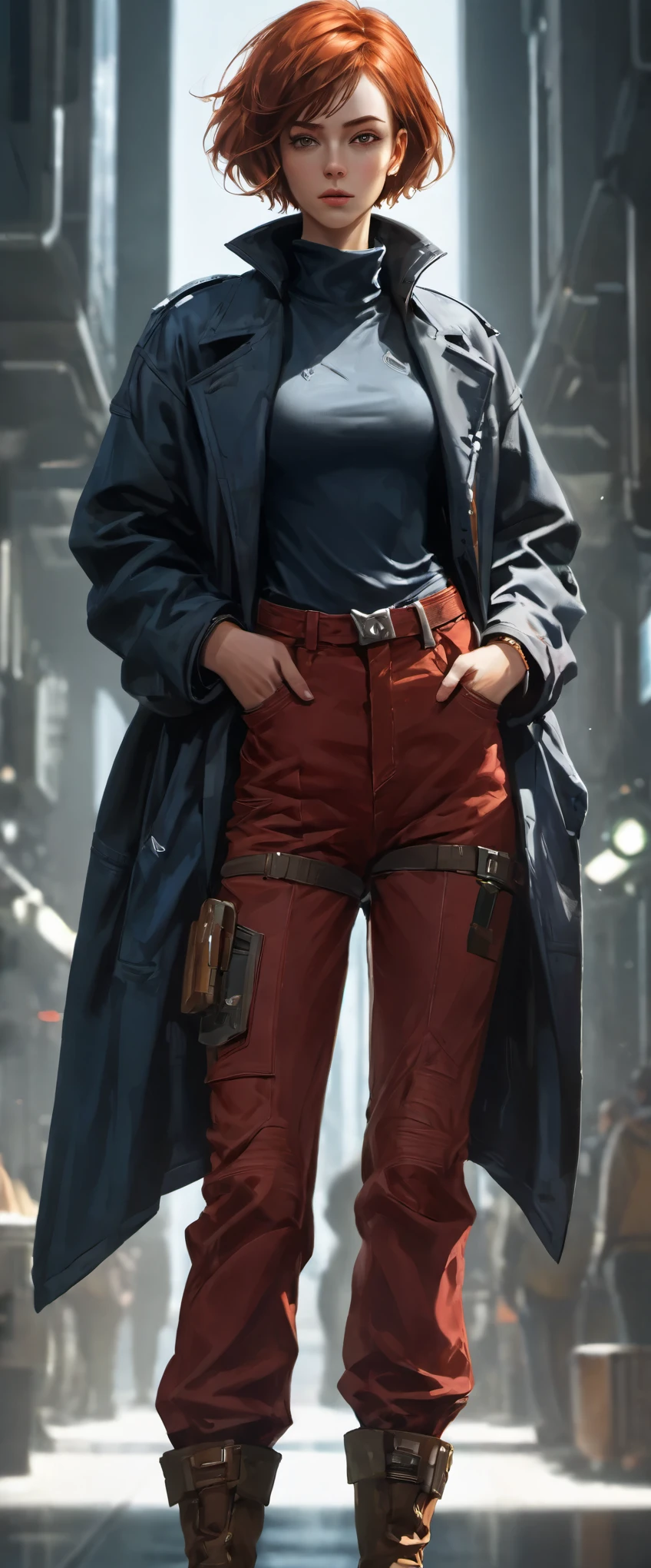 (highest resolution, clearly_image) Excellent, masterpiece, High Detail, Semi-realistic,Intergalactic cowboy, a very beautiful woman, Solitary, Normal handsome posture, red short hair, Golden Eyes, indifferent expression, 18 years old, young, Tall and strong , Future sci-fi style denim, confident, Serious, Cold and proud, Stand in the universe,Planet background, overlooking
