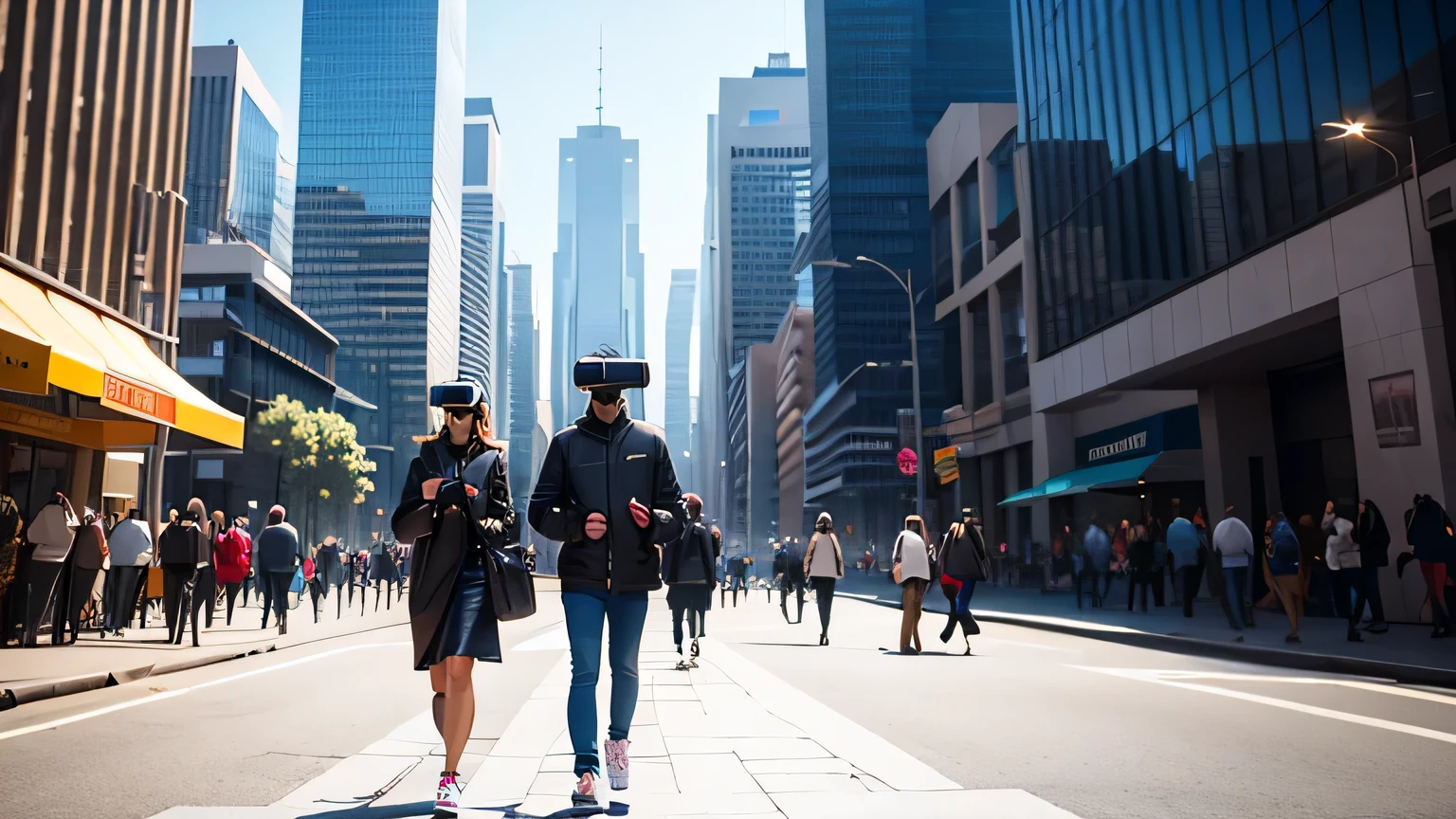 people walk along the street of a futuristic city wearing virtual reality glasses, 8K, hyperrealism