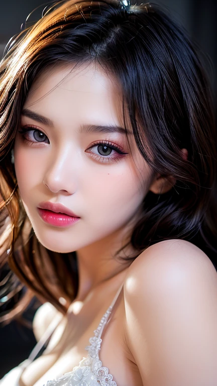 (8ก, Highest quality: 1.2), Extremely detailed, thorough resolution, (realistic, realistic photo: 1.37), Portrait, high definition RAW color photograph, professionally arrested, high definition and beautiful, high definition, 8ก Image wallpaper, Amazing details, Big file size, highly detailed beautiful girl, Extremely detailed face, Finely defined eyes, The skin has a fine texture., Every feature is meticulously displayed., The fingers were neatly outlined., The nose has a precise shape., expressive lips glowing bright pink lipstick , perfect , background is not blurred, one story, (20:1.2), Twenty generations, cute girl, realistic