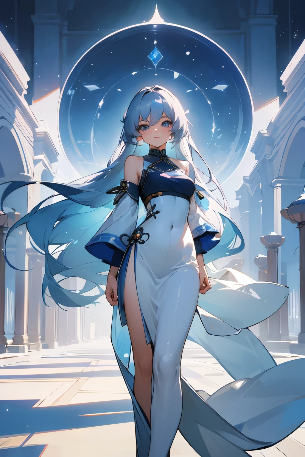 masterpiece, top quality, Ultra Detailed, high resolution, (Gui Zhengyi style), Excellent anatomy, 1 beautiful woman, Beautiful but slender figure, Perfect eyes, Perfect lighting, Inside the Palace, walk, Gorgeous white dress, curls, sculptural installation, beautiful clothes, Detailed snow country background, compensate, Eyeshadow, thick eyelashes, fantasy, Looking at the audience, whole body, Blue sky, Ming Liang Mei’s thighs, Young and shiny fair skin, best beauty, The most beautiful shiny silver hair in the world, Thinning hair, Extra long straight hair, Shiny and beautiful bangs, Sparkling, crystal clear big blue eyes, very beautiful and cute, Ordinary breasts, best light, The best shadow, mystery, perfect face, Very detailed,