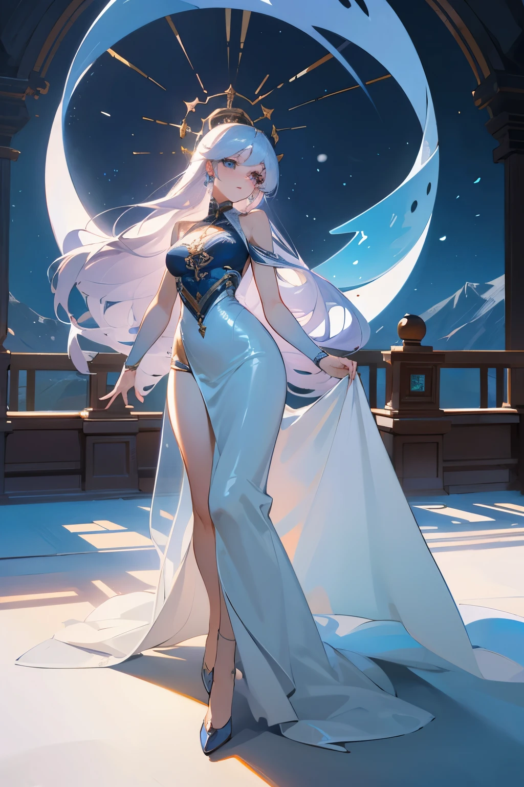 masterpiece, top quality, Ultra Detailed, high resolution, (Gui Zhengyi style), Excellent anatomy, 1 beautiful woman, Beautiful but slender figure, Perfect eyes, Perfect lighting, Inside the Palace, walk, Gorgeous white dress, curls, sculptural installation, beautiful clothes, Detailed snow country background, compensate, Eyeshadow, thick eyelashes, fantasy, Looking at the audience, whole body, Blue sky, Ming Liang Mei’s thighs, Young and shiny fair skin, best beauty, The most beautiful shiny silver hair in the world, Thinning hair, Extra long straight hair, Shiny and beautiful bangs, Sparkling, crystal clear big blue eyes, very beautiful and cute, Ordinary breasts, best light, The best shadow, mystery, perfect face, Very detailed,