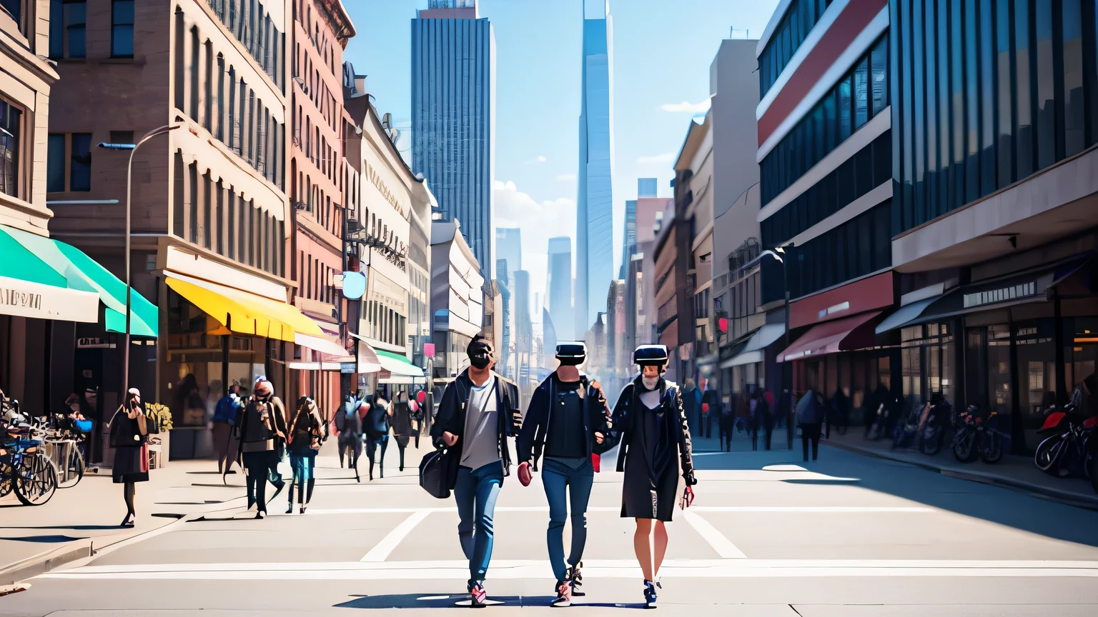 people walk along the street of a futuristic city wearing virtual reality glasses, 8K, hyperrealism