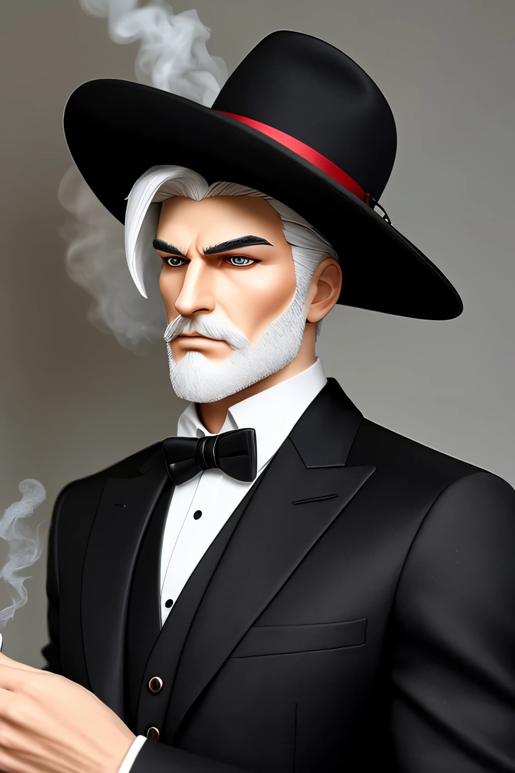 A powerful man with red eyes and white hair, sporting avery masculine cut, dons a black smoking vestishop his detailed rooster-red accents. He wears an elegant and well-fitted hat with a wide brim, completing the classic and intimidating look. --9:16 ratio, realistic style, anatomically correct hands, highly detailed face, posing menacingly.