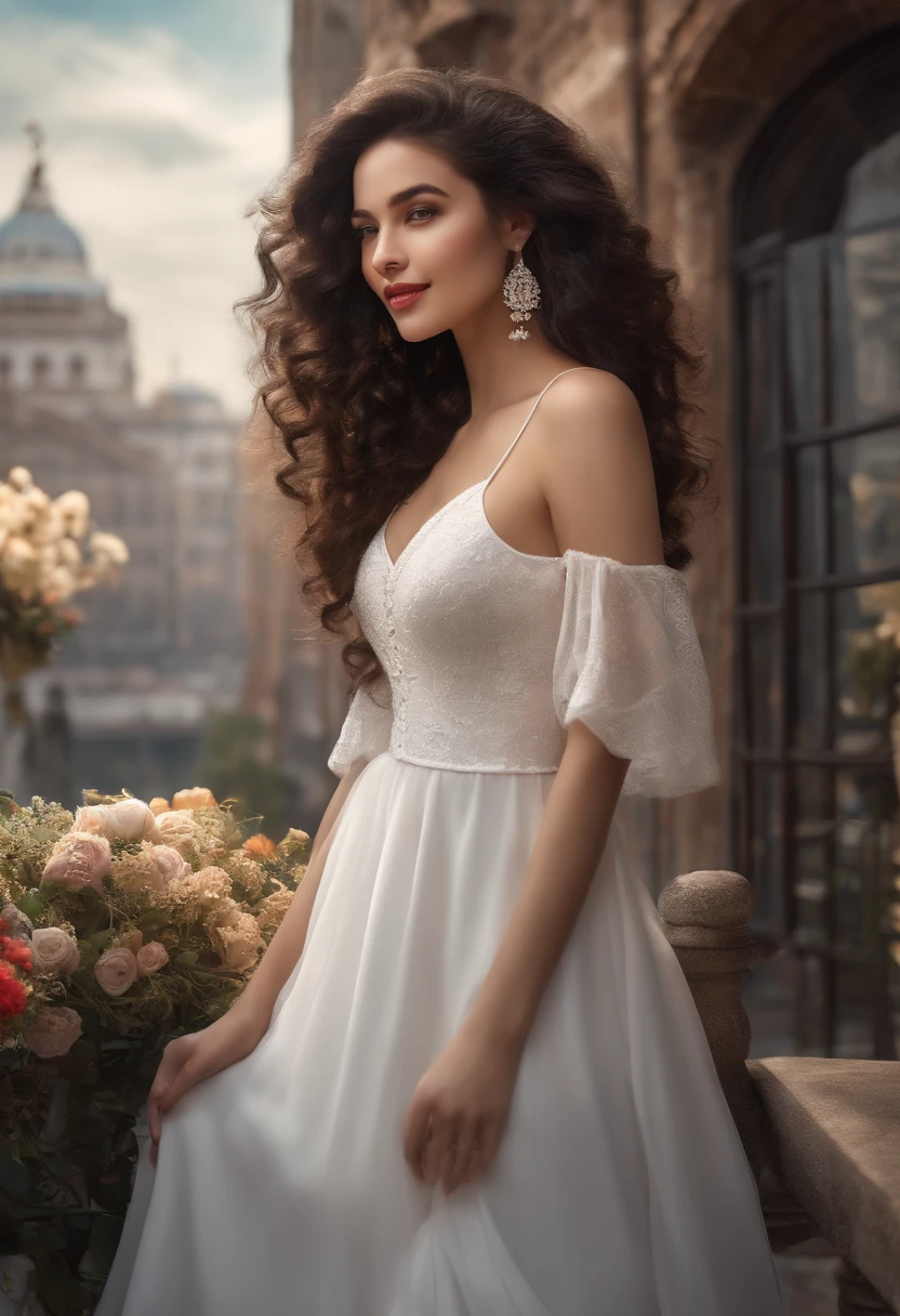 A beautiful woman, Long hair, black curly hair, Long skirt, Elegant white dress, No cleavage, Earrings not included, white sneakers, The future of the charming smiling city。1920*1080