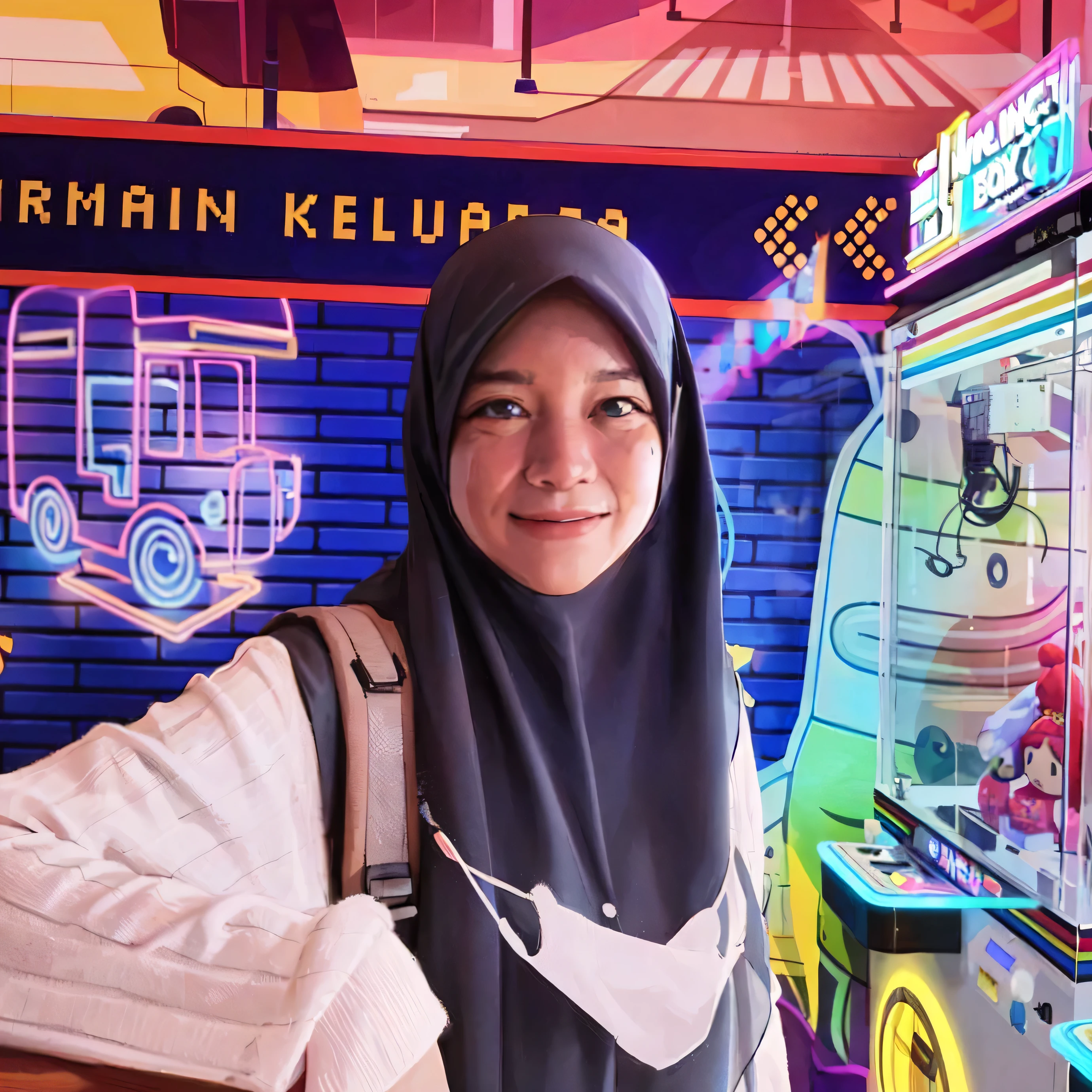 masterpiece, best quality, (extremely detailed CG unity 8k wallpaper), (best quality), (best illustration), (best shadow), woman in hijab standing in front of a vending machine, in a mall, at a mall, inspired by Bohumil Kubista, at cyberpunk city, in background, 🕹️ 😎 🔫 🤖 🚬, inspired by Ni Yuanlu, like in museum, taken in 2 0 2 0, inspired by JoWOnder, in a cybercity