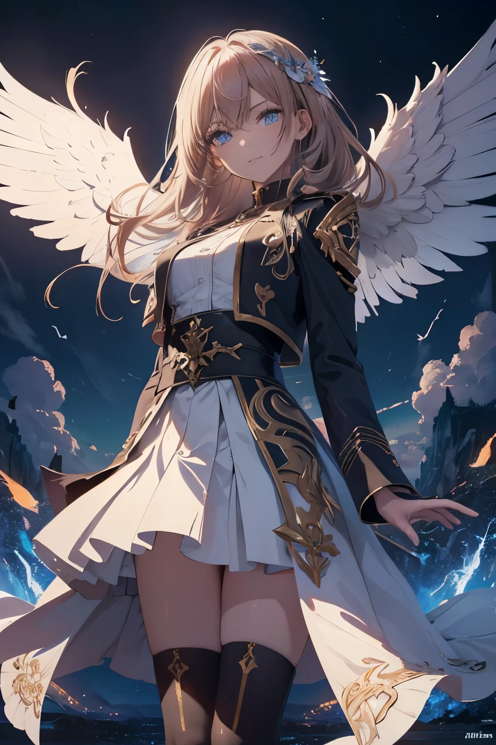 Masterwork, peak quality, hyper-detailed, pristine (1.3)—This masterfully rendered depiction of a female angel captivates with a dynamic and detailed visage, embodying both cunning wit and a rebellious spirit. Her full-body portrayal is adorned in eclectic attire, each piece a trophy from spiritual victories, intricately woven with signature survivor art that narrates divine triumphs. She exudes sunkissed resilience and battle-scarred elegance, reflecting the celestial battles she has endured. Her piercing bright blue eyes, alive with mischief, stand out against a stark celestial desert, casting bold shadows that tell tales of her daring exploits. Her attire, especially the duster coat, is etched with tales of survival, reinforcing her narrative of divine endurance. Poised in a relaxed yet alert stance, a confident smirk plays upon her lips, a symbol of her unyielding optimism and fearless heart as she faces the heavenly challenges with grace and grit. This portrayal brings to life the essence of a celestial being who navigates the divine realm with a spirited and victorious heart.