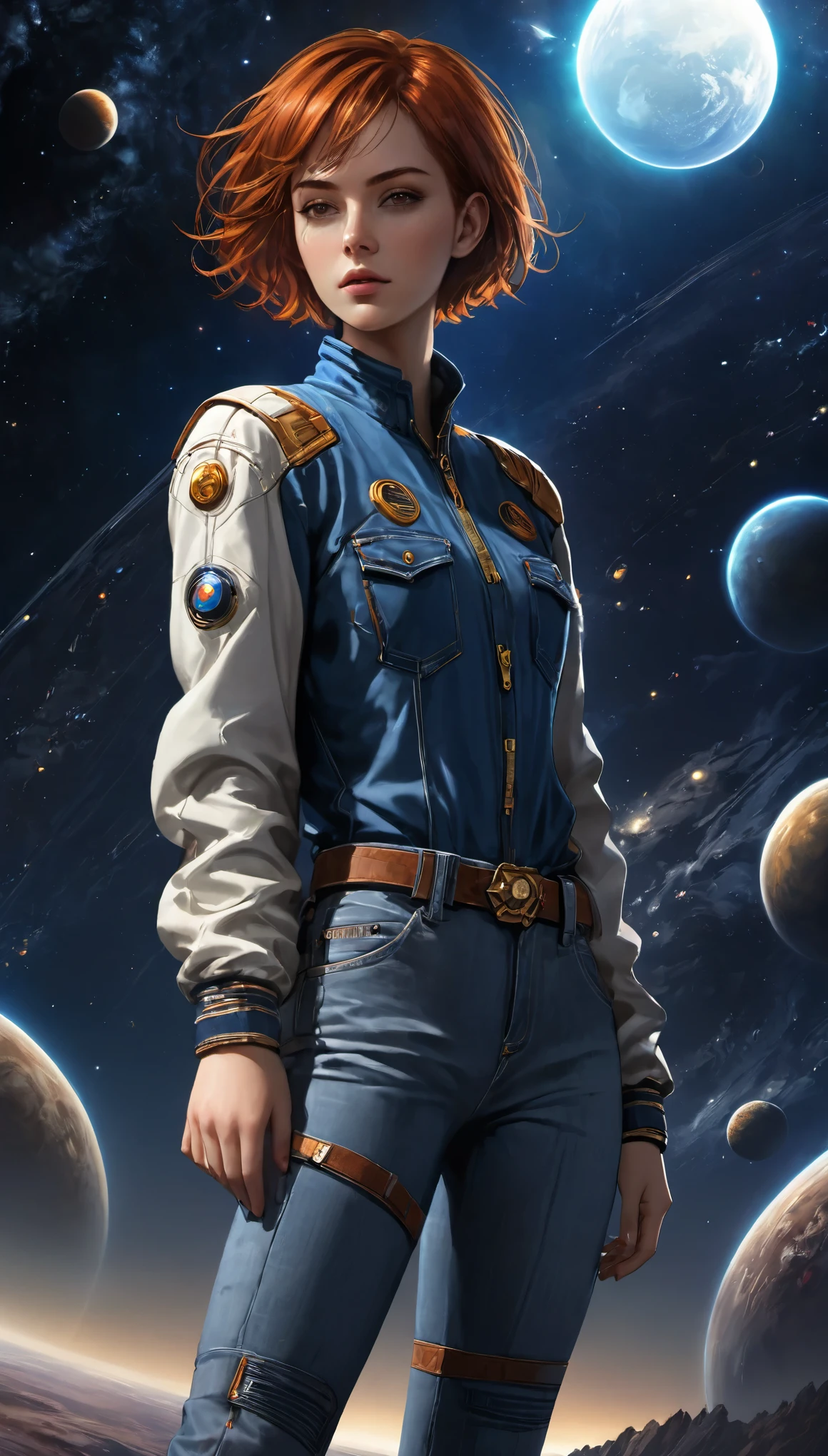 highest resolution, clearly_image) Excellent, masterpiece, High Detail, Semi-realistic,Intergalactic cowboy, a very beautiful woman, Solitary, Normal handsome posture, red short hair, Golden Eyes, indifferent expression, 18 years old, young, Tall and strong , Future sci-fi style denim, confident, Serious, Cold and proud, Stand in the universe，Planet background, overlooking