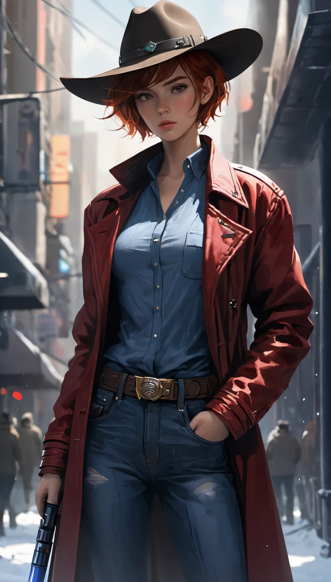 highest resolution, clearly_image) Excellent, masterpiece, High Detail, Semi-realistic,Intergalactic cowboy, Cowboy hat，Lightsaber，bust，a very beautiful woman, Solitary, Normal handsome posture, red short hair, Golden Eyes, indifferent expression, 18 years old, young, Tall and strong , Future sci-fi style denim, confident, Serious, Cold and proud, Stand in the universe，Planet background, overlooking